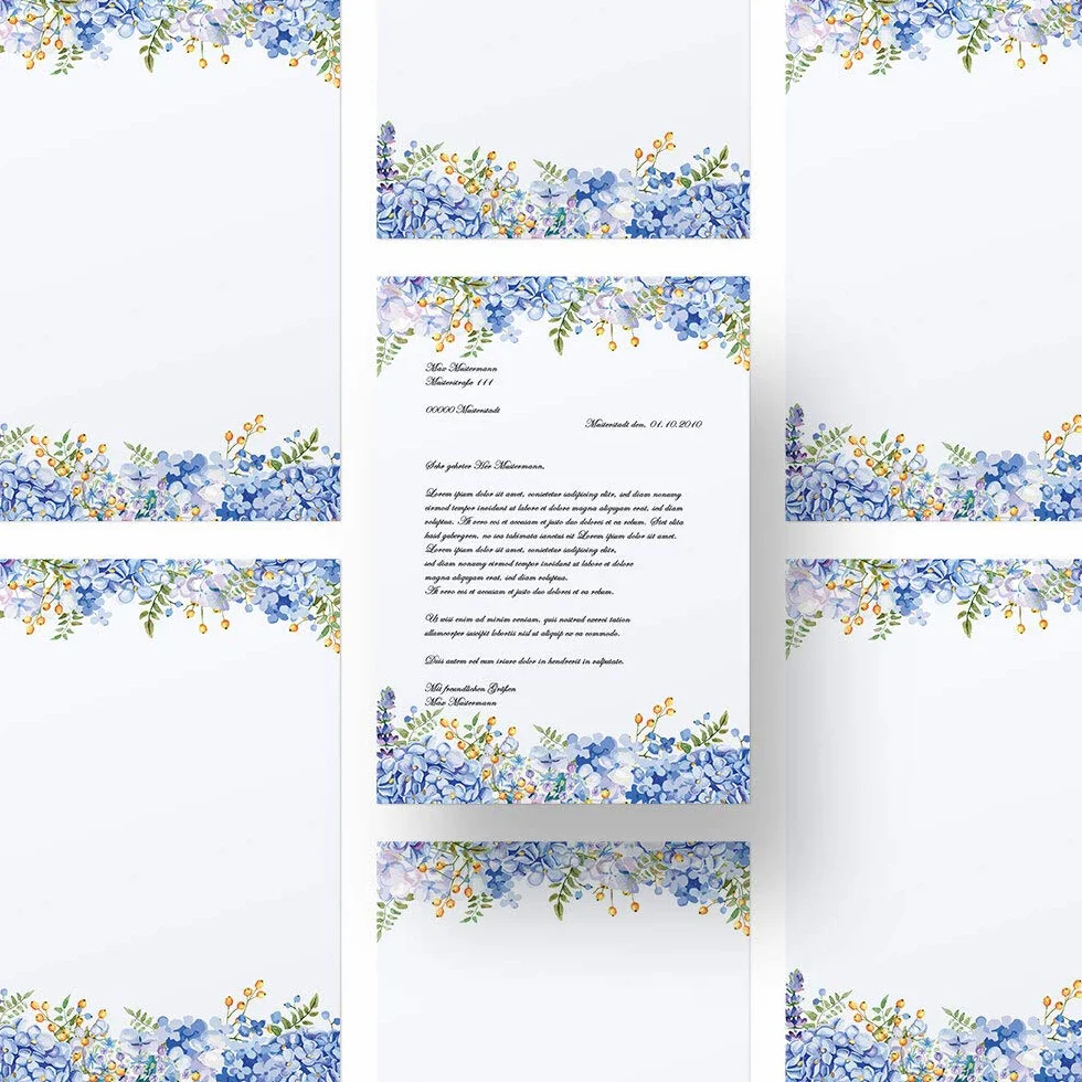 ORTENSIE BLU Carta da Lettera Decorata A4 20 Fogli