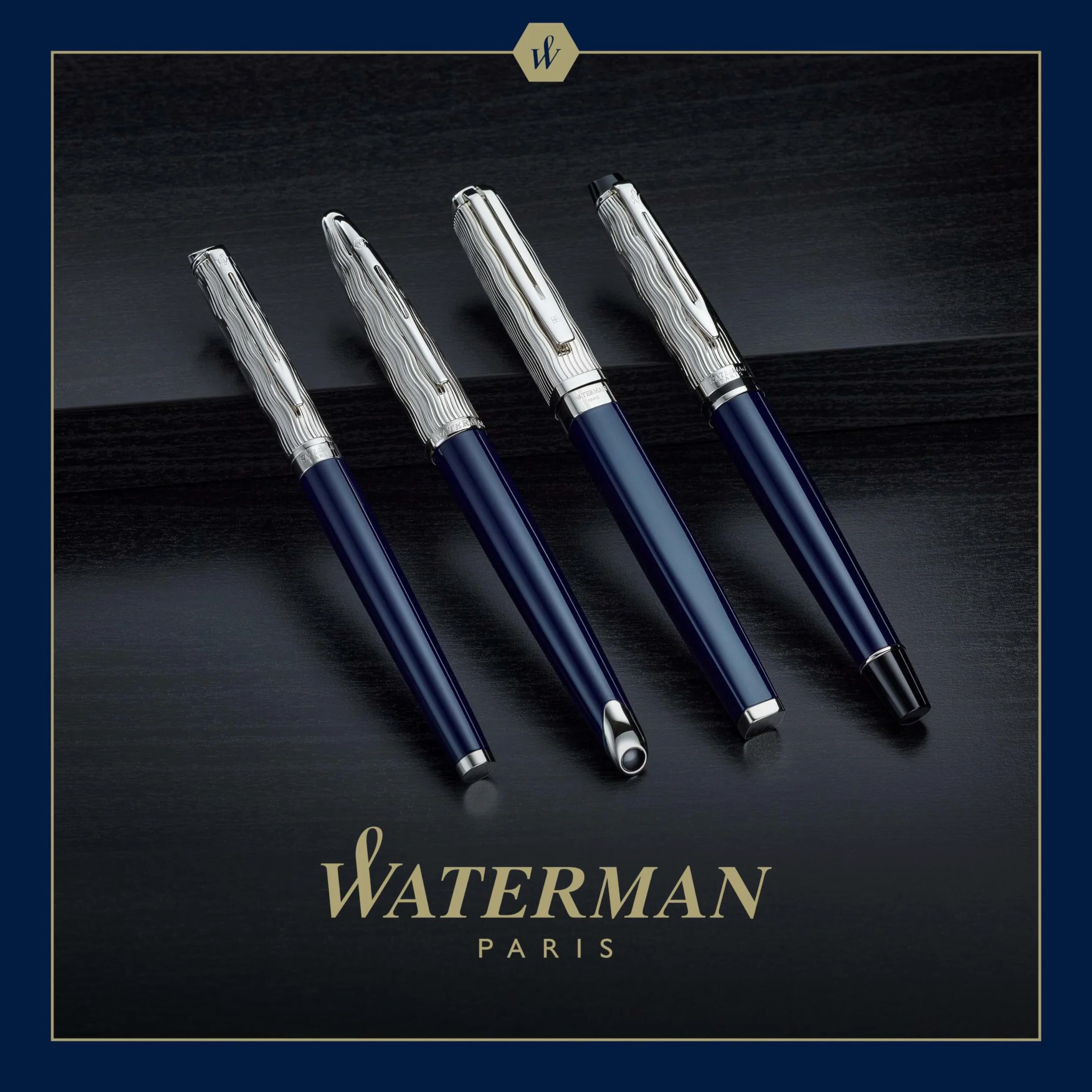 Waterman Expert penna roller Made in France laccatura blu metallo cappuccio cesellato inchiostro nero confezione regalo