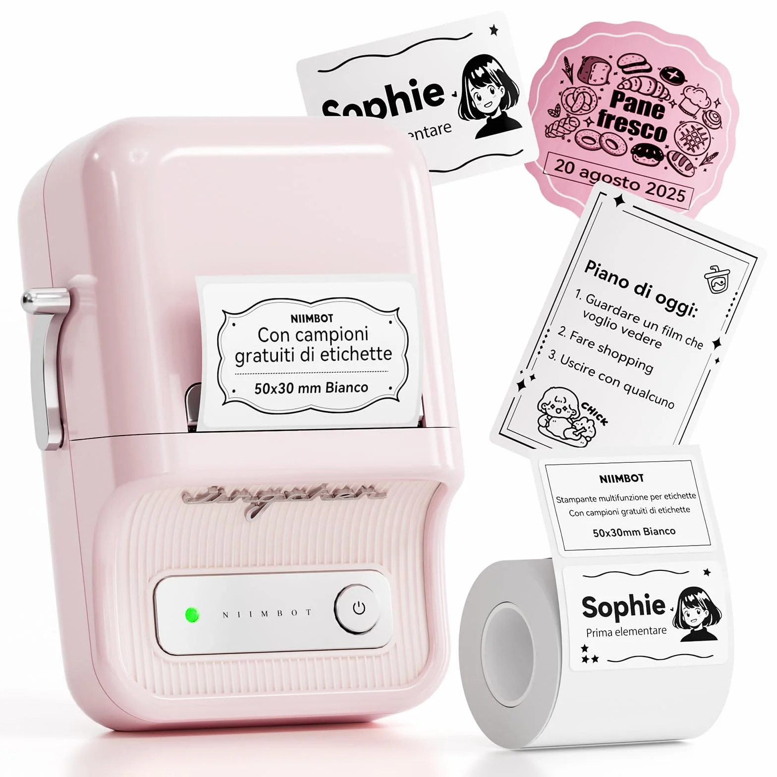 NIIMBOT B21 Etichettatrice Bluetooth Rosa, Etichette 20-50mm, App con 120 Caratteri e 1600 Icone