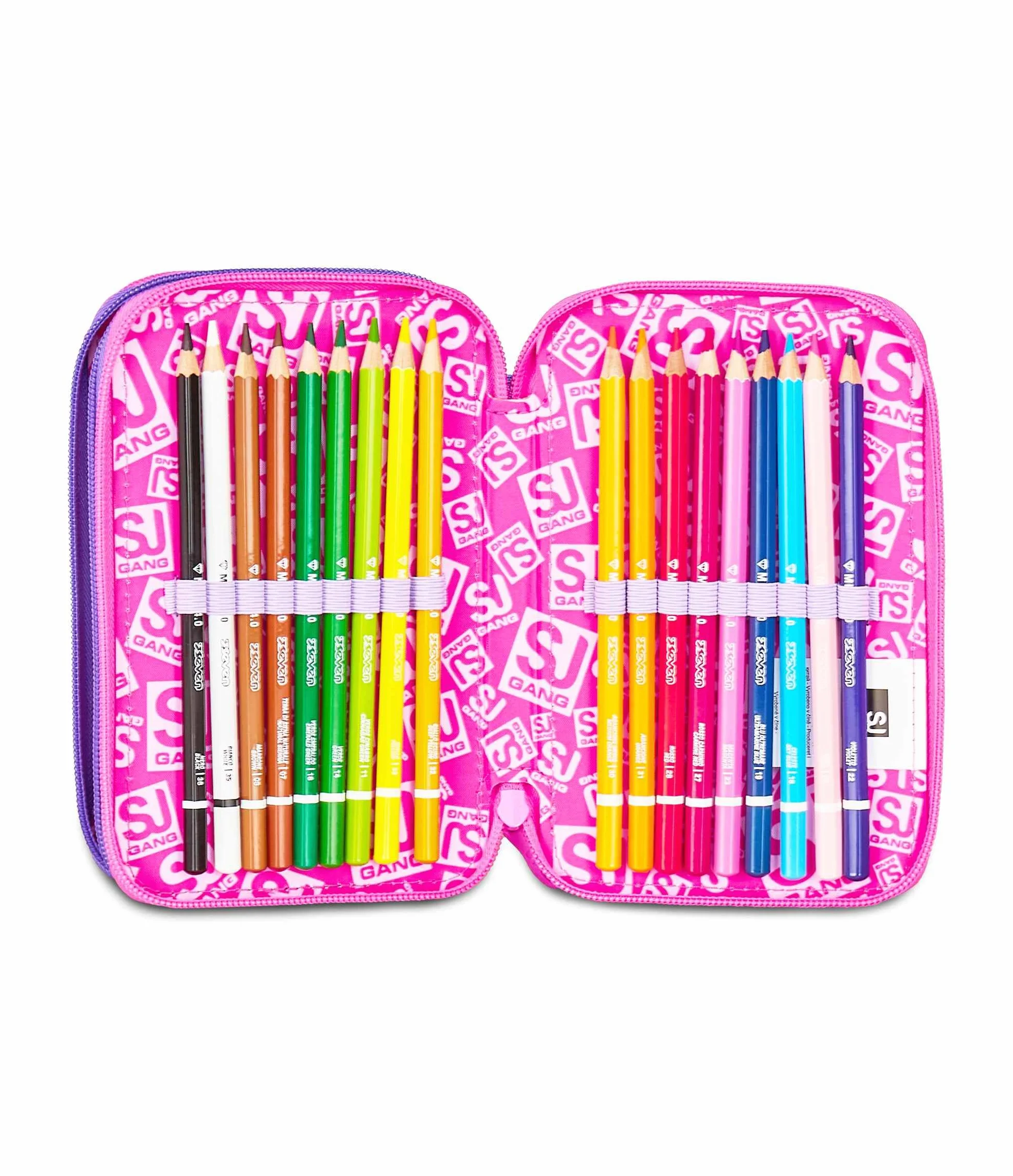 SJ GANG STYLE JAM GANG Astuccio Scuola 3 Zip, Fucsia, Portapenne Triplo Scomparto Completo Di Penne, Matite, Colori, Accessori Zaino, Scuola Elementare, Bambina