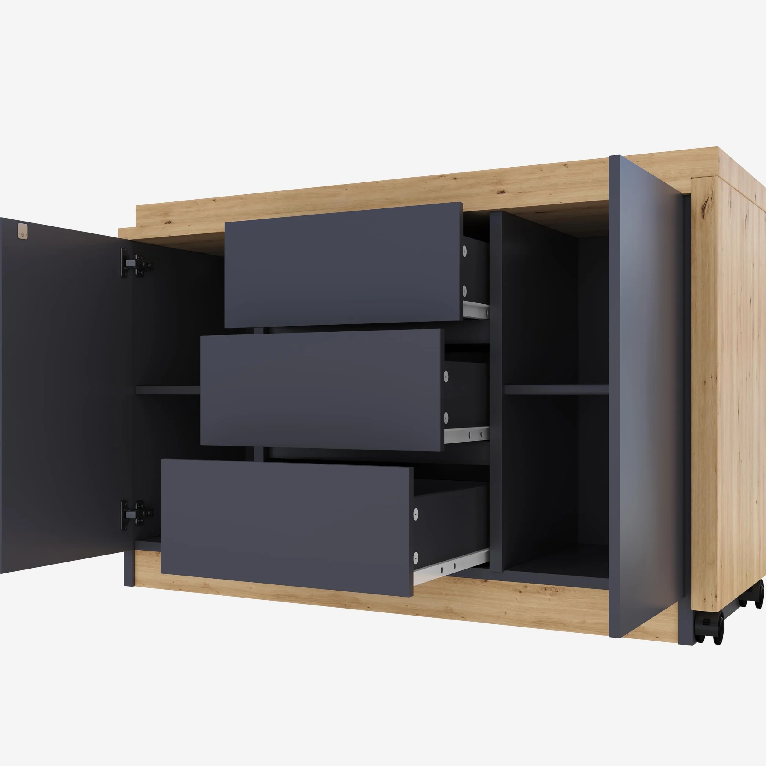 Scrivania con ruote bloccabili, design multifunzionale, 4 cm di spessore, piano girevole bloccabile, scrivania pieghevole, scrivania angolare, credenza (grigio + rovere)