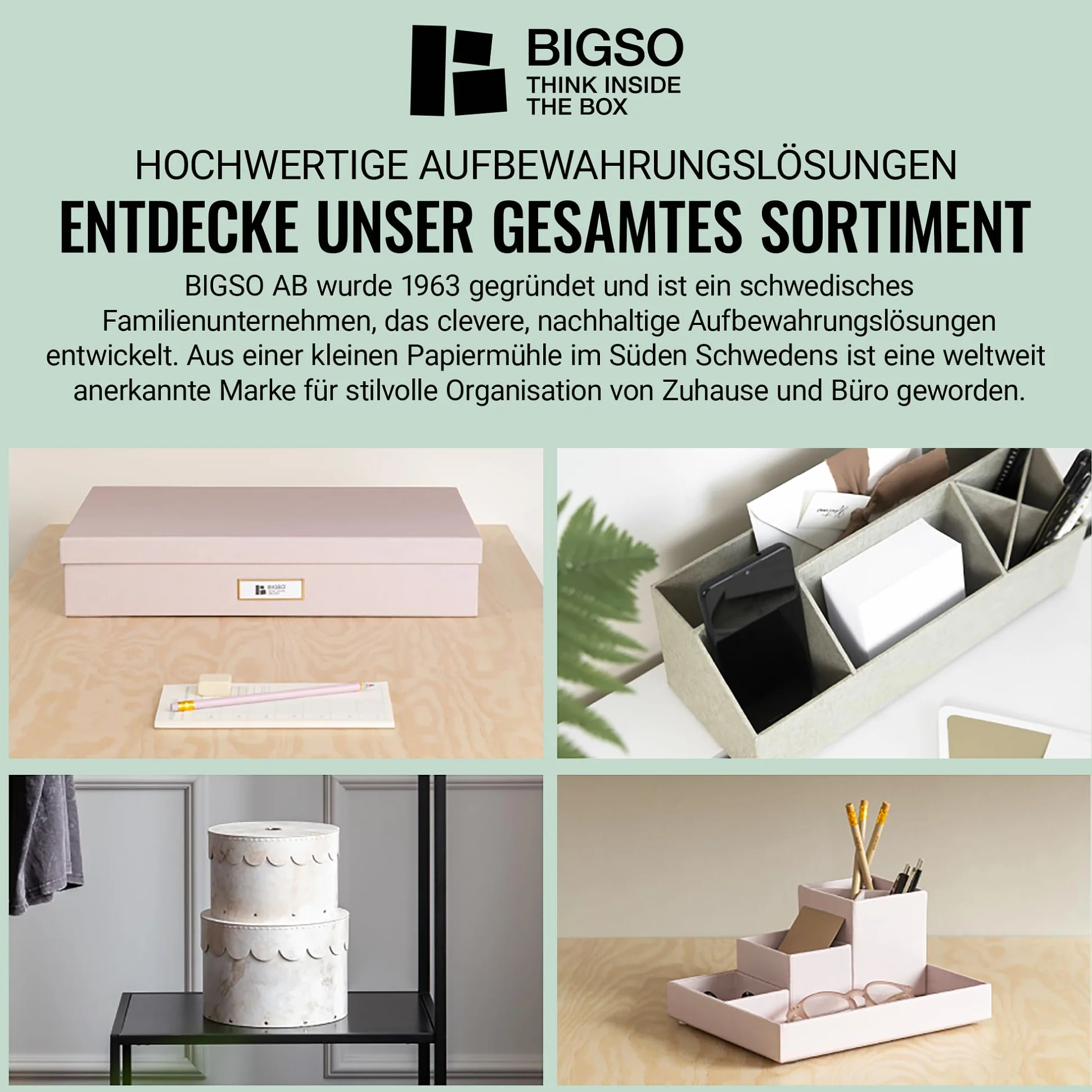 BIGSO JOHAN Scatola per cartelle sospese con coperchio, elegante scatola per archivio con 8 raccoglitori sospesi, scatola per cartelle sospese in fibra e carta in elegante effetto lino, verde menta