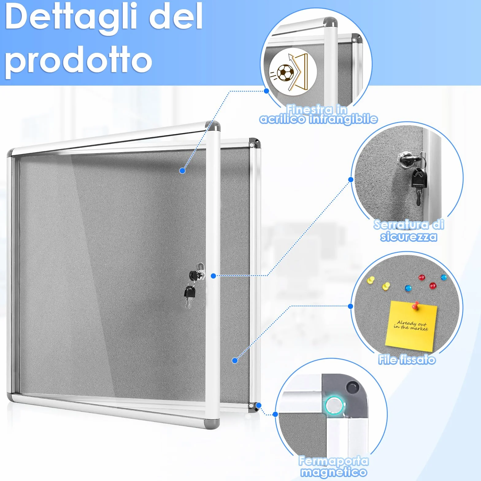 MAKELLO Bacheca Chiusa In Feltro Grigio Pannello Con Anta Battente, Bacheca Per Interni in Alluminio per Condominiale Ufficio Scuola, 67x72cm-6xA4