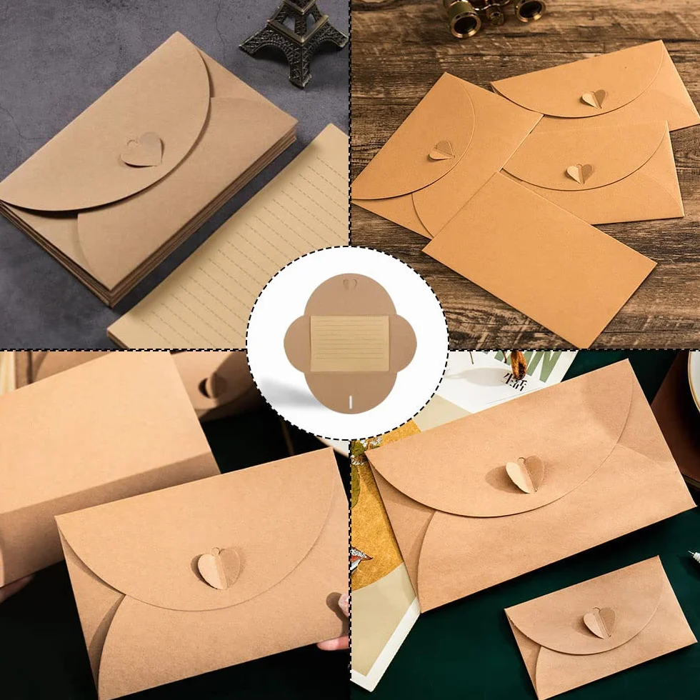 Buste in Carta Kraft 100 Pezzi 10 x 6 cm con Chiusura a Cuore per Partecipazioni Matrimonio