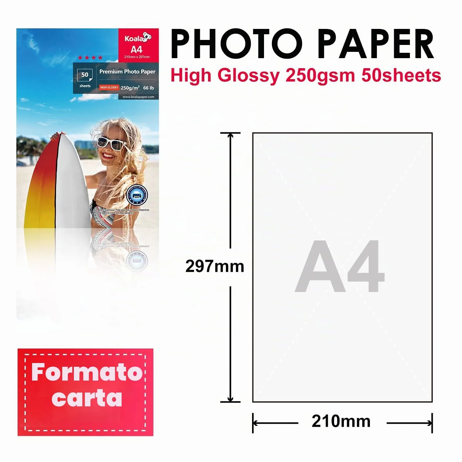 KOALA Carta fotografica lucida A4 250 g/m² 50 fogli per stampante a getto d'inchiostro Canon HP Epson