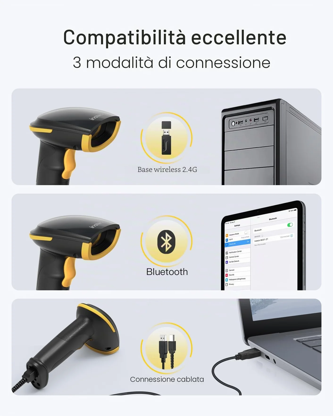 Inateck Lettore di Codici a Barre 1D 2D QR, Pistola per Codici a Barre Wireless Plug and Play, 2600mAh Batteria, Barcode Scanner con APP e SDK, Compatibile con PC Computer Android iOS iPhone, BCST-23