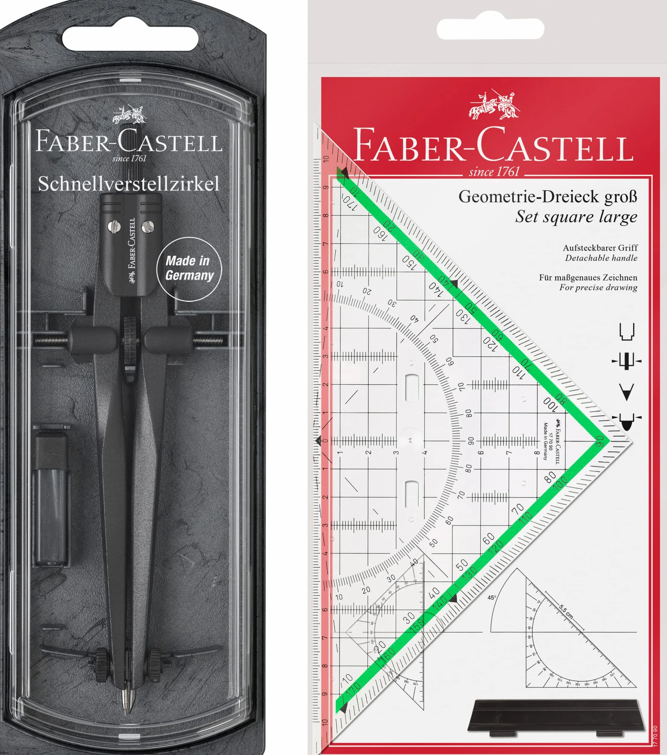 Faber-Castell Stream Blackstone 174530 - Bussola a regolazione rapida con set originale quadrato 20 cm (con manico)
