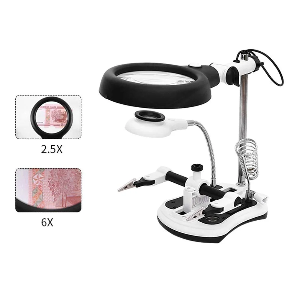 Lente d'Ingrandimento e Lampada da scrivania, Supporto con Lente d'Ingrandimento, Morsetto e Clip a Coccodrillo.,