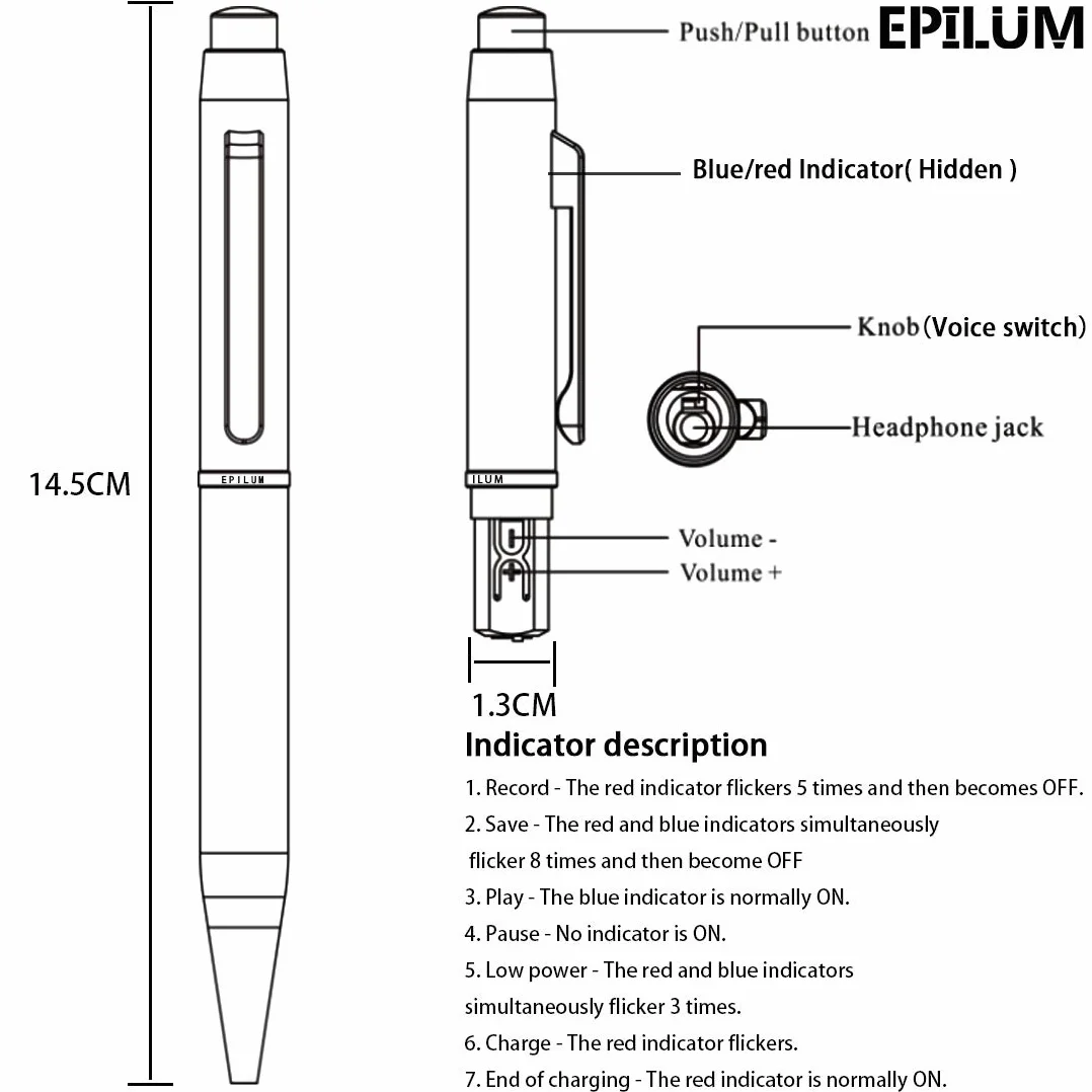 Penna Registratore Vocale, 32GB EPILUM per Conferenze, Mini Spia Registratore Vocale ad Attivazione Vocale HD, Registrazione Portatile con Riproduzione MP3 con Cuffie, USB Ricaricabile