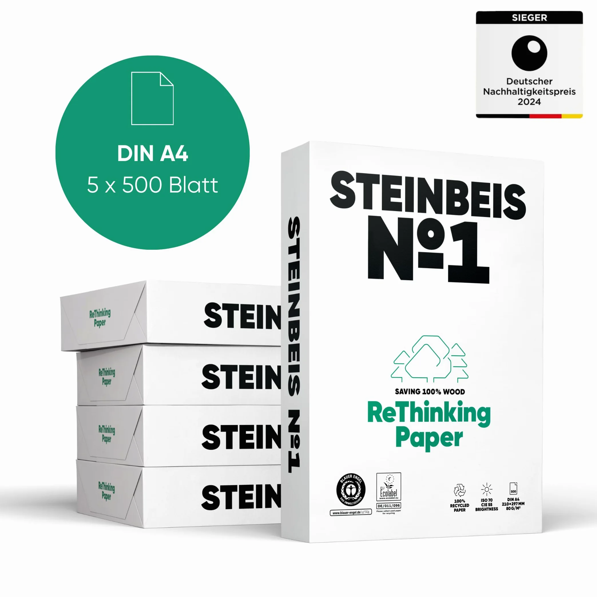 Steinbeis No. 1 carta per stampante – 2500 (5 x 500) fogli DIN A4 da 80 g/m², bianco e senza cloro, carta per fotocopiatrici di alta qualità ISO 70/CIE 55