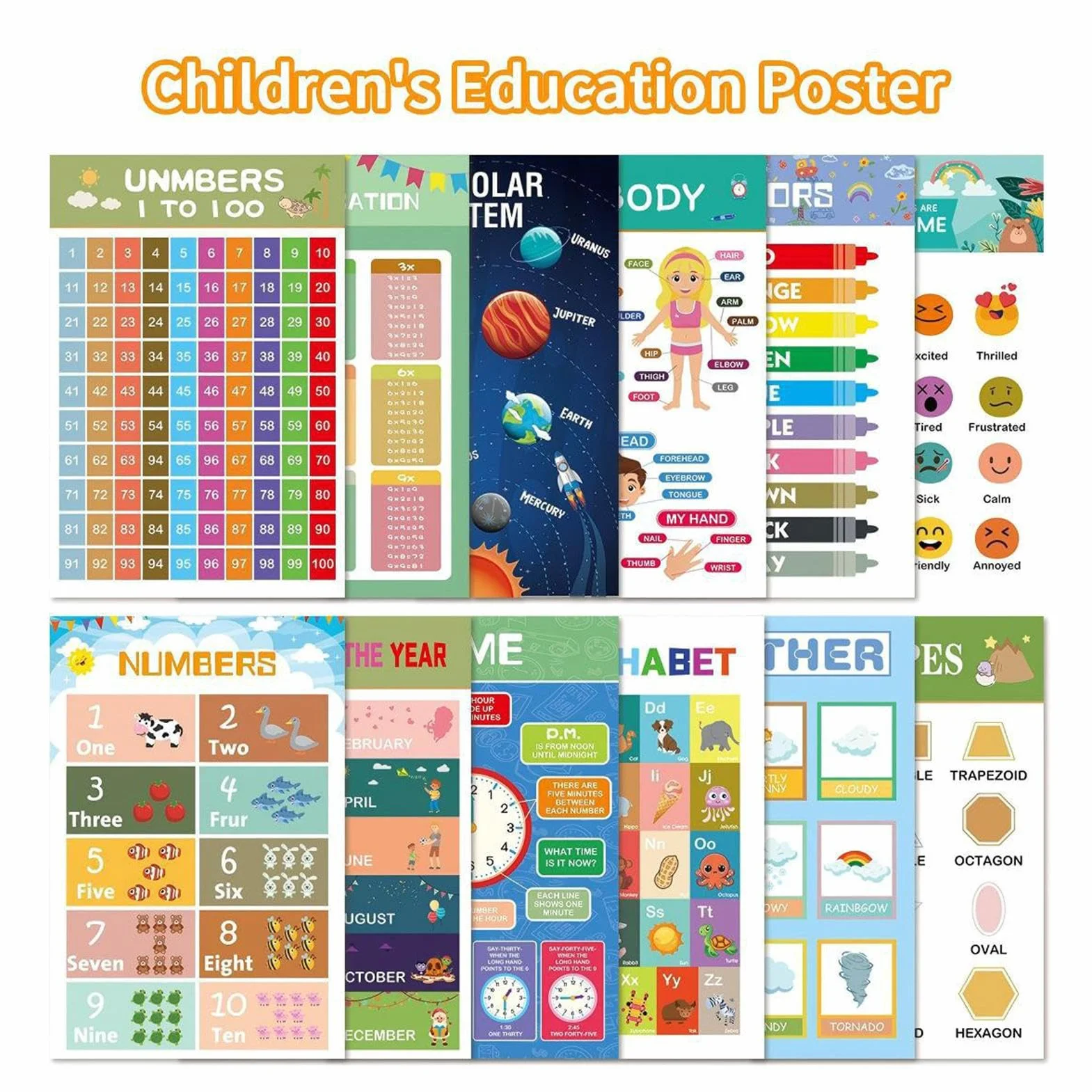 Poster educativi 40,2 x 40,2 cm set di 12 stampe con numeri e lettere per bambini in età prescolare