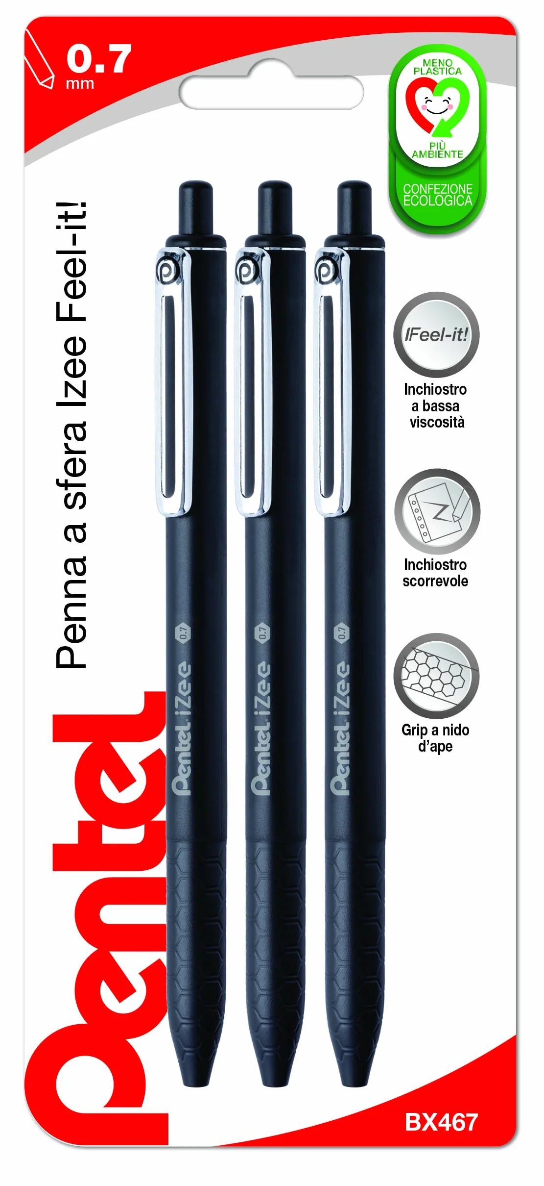 Pentel BX467 Izee penna a sfera a scatto 0,7 mm nero 3 pezzi