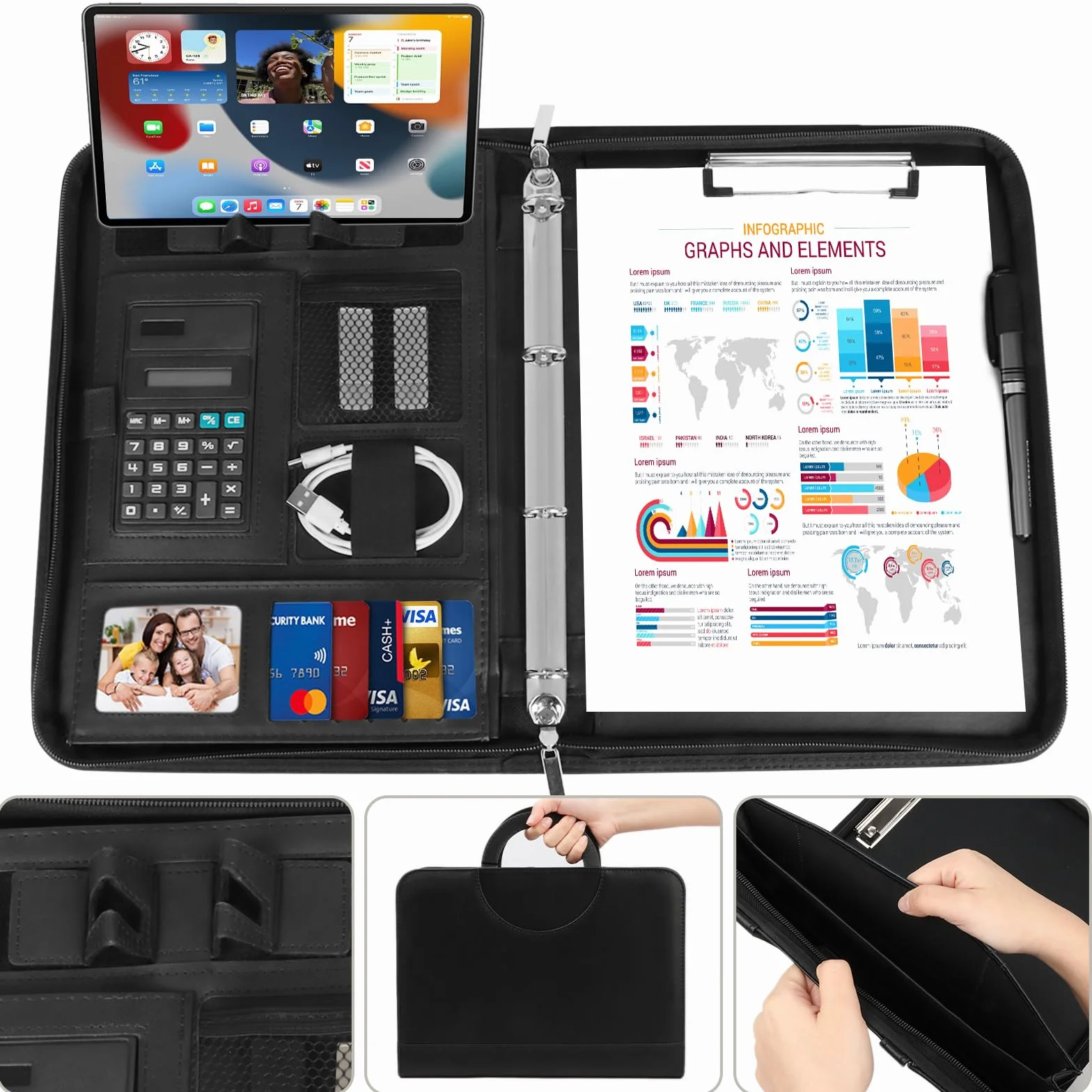 Cartella Portadocumenti A4 Zipper in Pelle con Manici Magnetici Pieghevoli, 2 Scomparti, Supporto Tablet, Nero