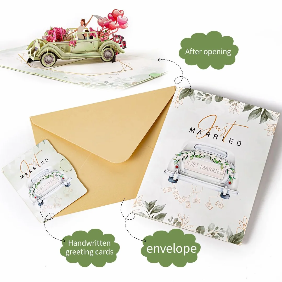 Biglietto Pop-Up 3D Auto Just Married per Matrimonio, Elegante Regalo Denaro per Nozze