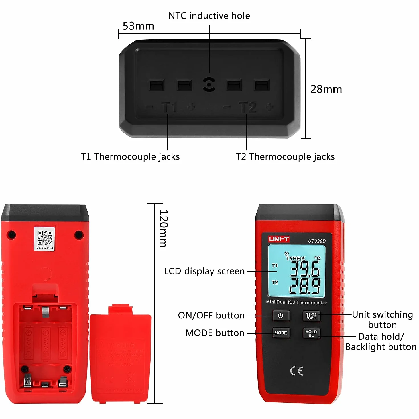 UT320D Mini Termometro Dual-channel K/J Termocoppia con retroilluminazione LCD