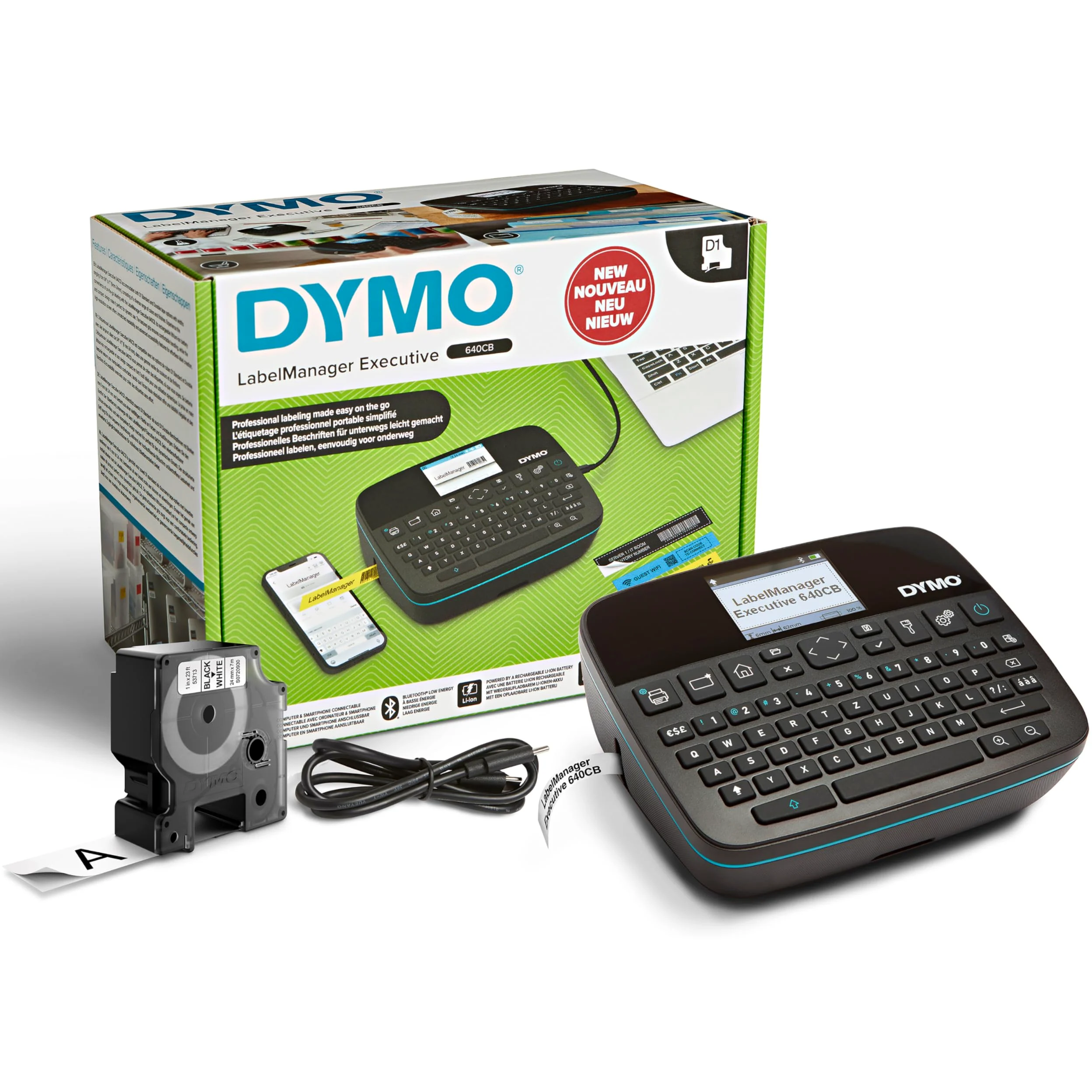 DYMO LabelManager Executive 640 CB - Etichettatrice compatta con tastiera QWERTZ, connettività Bluetooth e USB, compatibile con etichette D1
