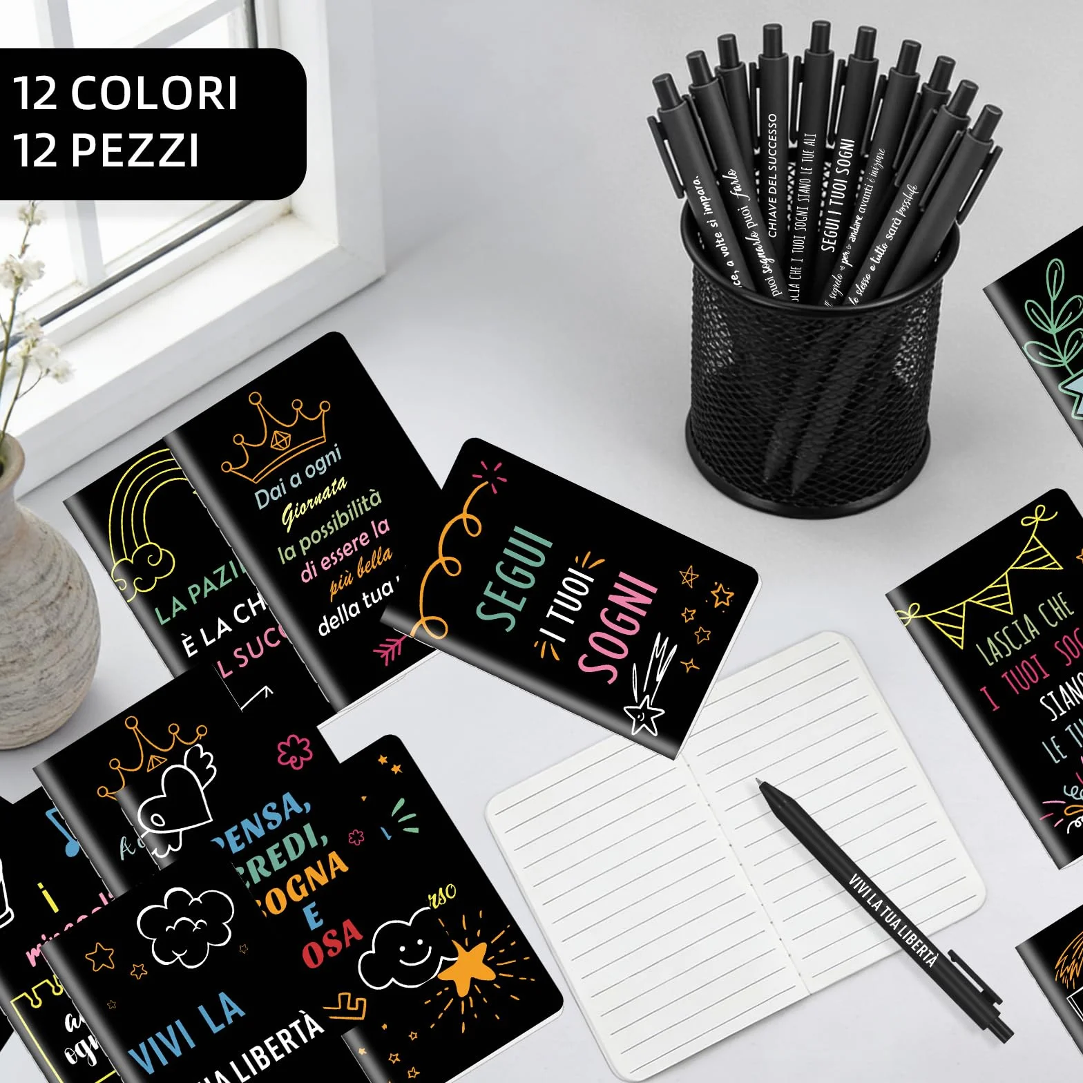 12 zestaw regalo citazioni motivazionali quaderni penne a sfera