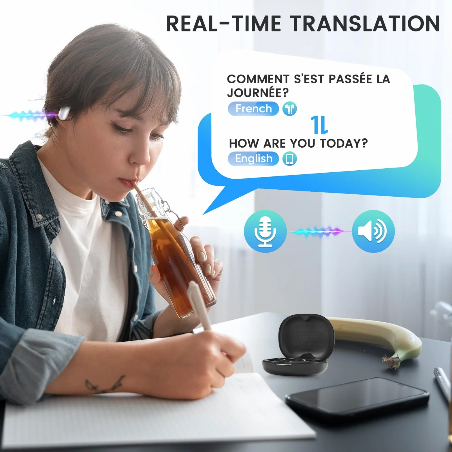 AI Auricolare Traduttore Istantaneo 80H Auricolari Traduttore Tempo Reale Senza Fili con 144 Lingue, Supporto Traduzione/Musica/Chiamate, per Viaggi, Incontri Di Business, con App Gratuita