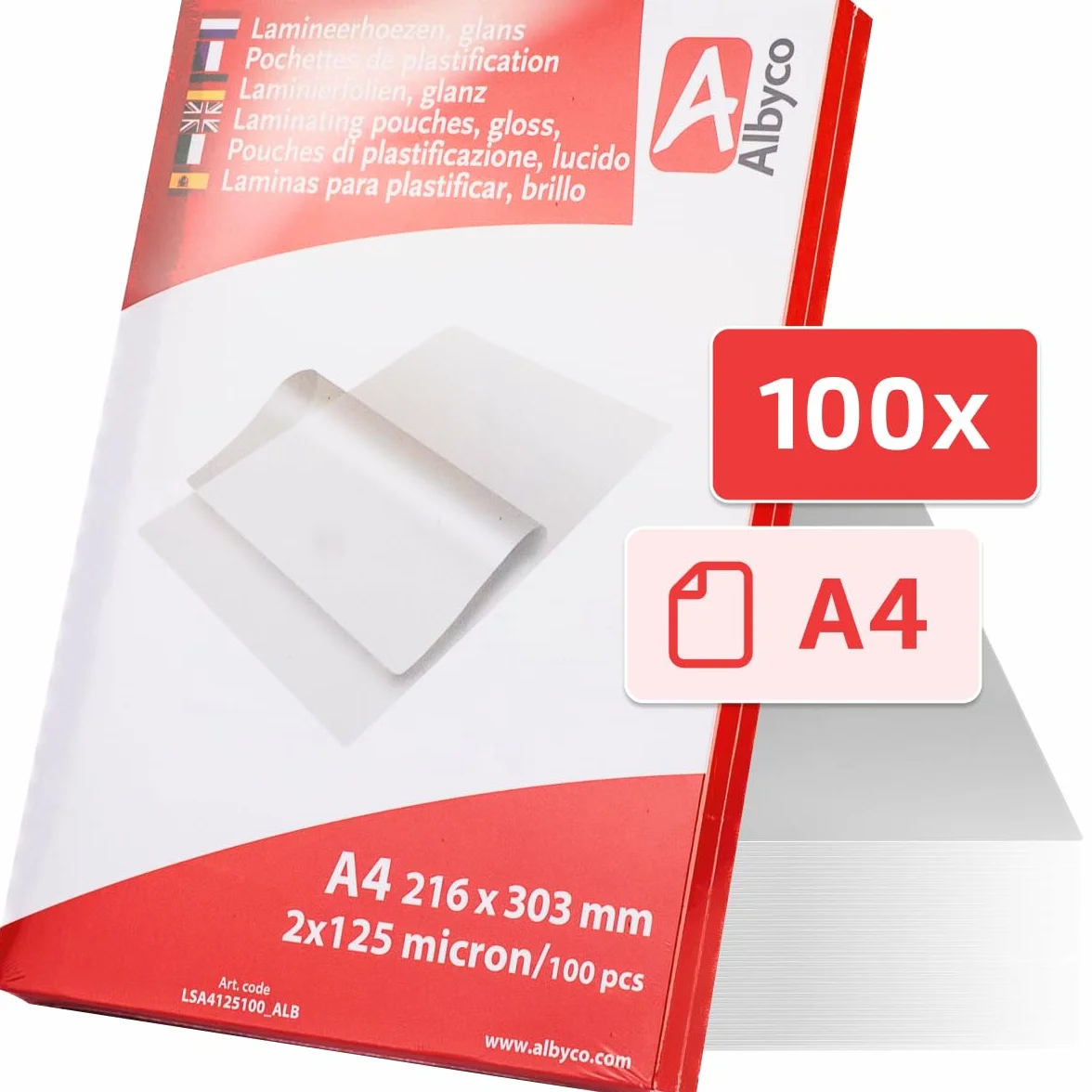 Albyco Foglio Plastificante A4 216x303 mm Lucido 250 Micron 100 Pezzi