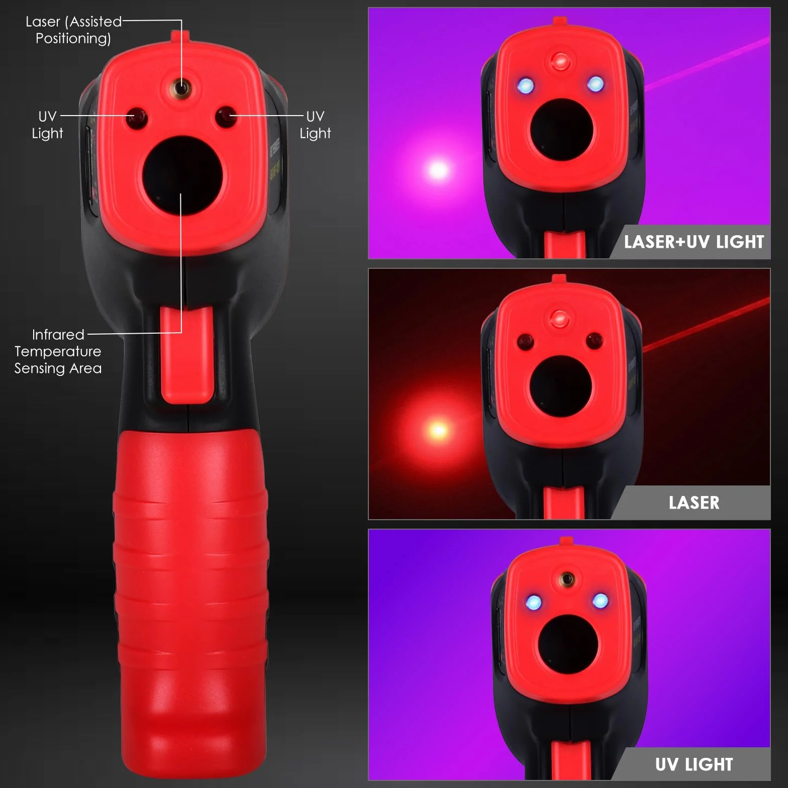 Termometro a Infrarossi Senza Contatto -50~850°C Puntamento Laser Sonda Termocoppia Tipo K Rilevamento UV