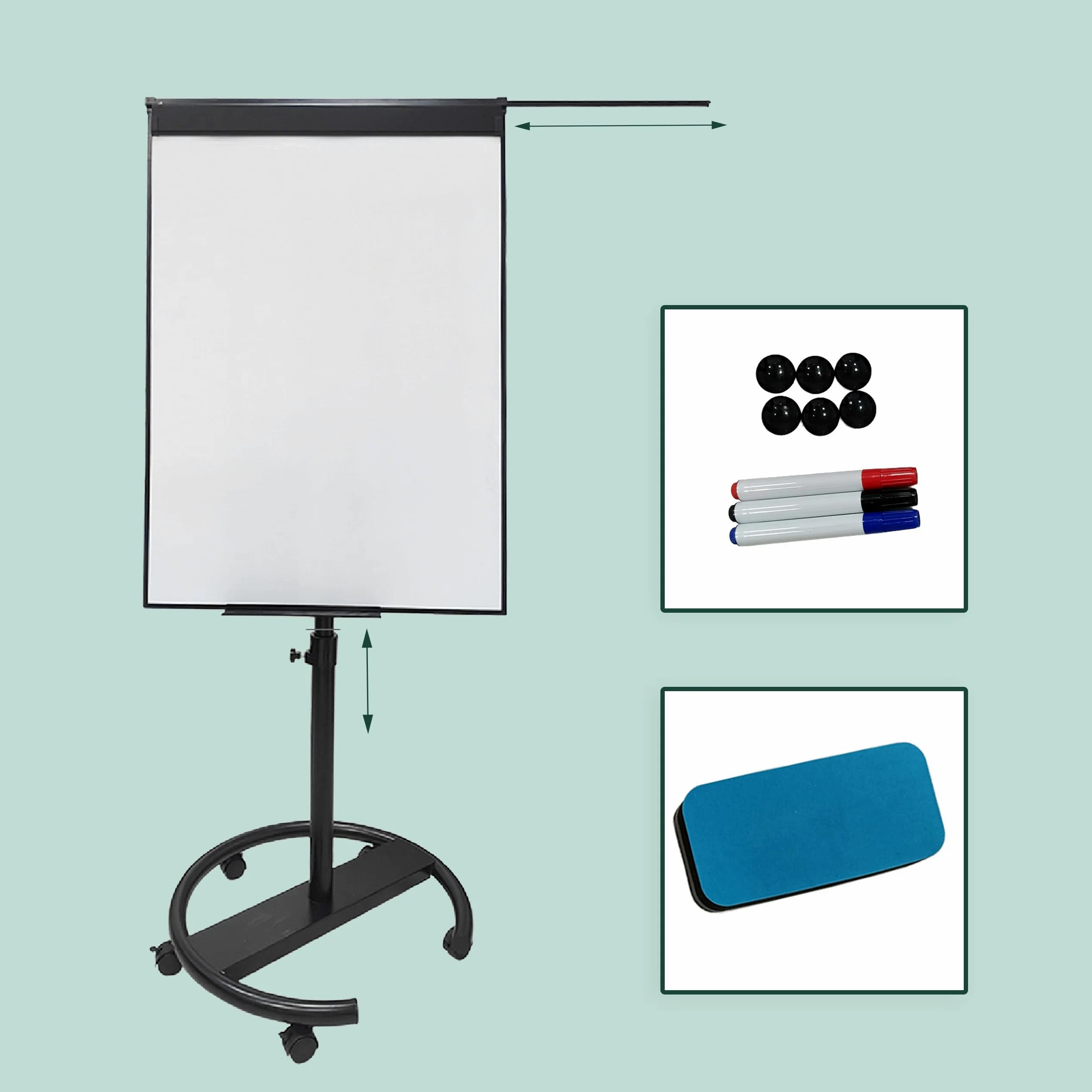 Lavagna a fogli mobili Relaxdays, magnetica, regolabile, con ruote, porta pennarelli, alluminio, 100x70 cm, nera.