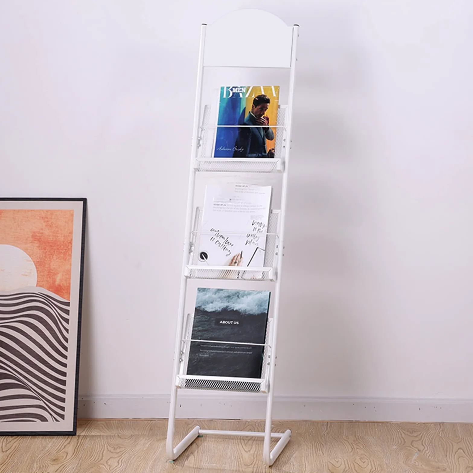 Portariviste portatile stretto da pavimento per la decorazione di casa e ufficio espositore staccabile in metallo nero bianco 126 cm di altezza