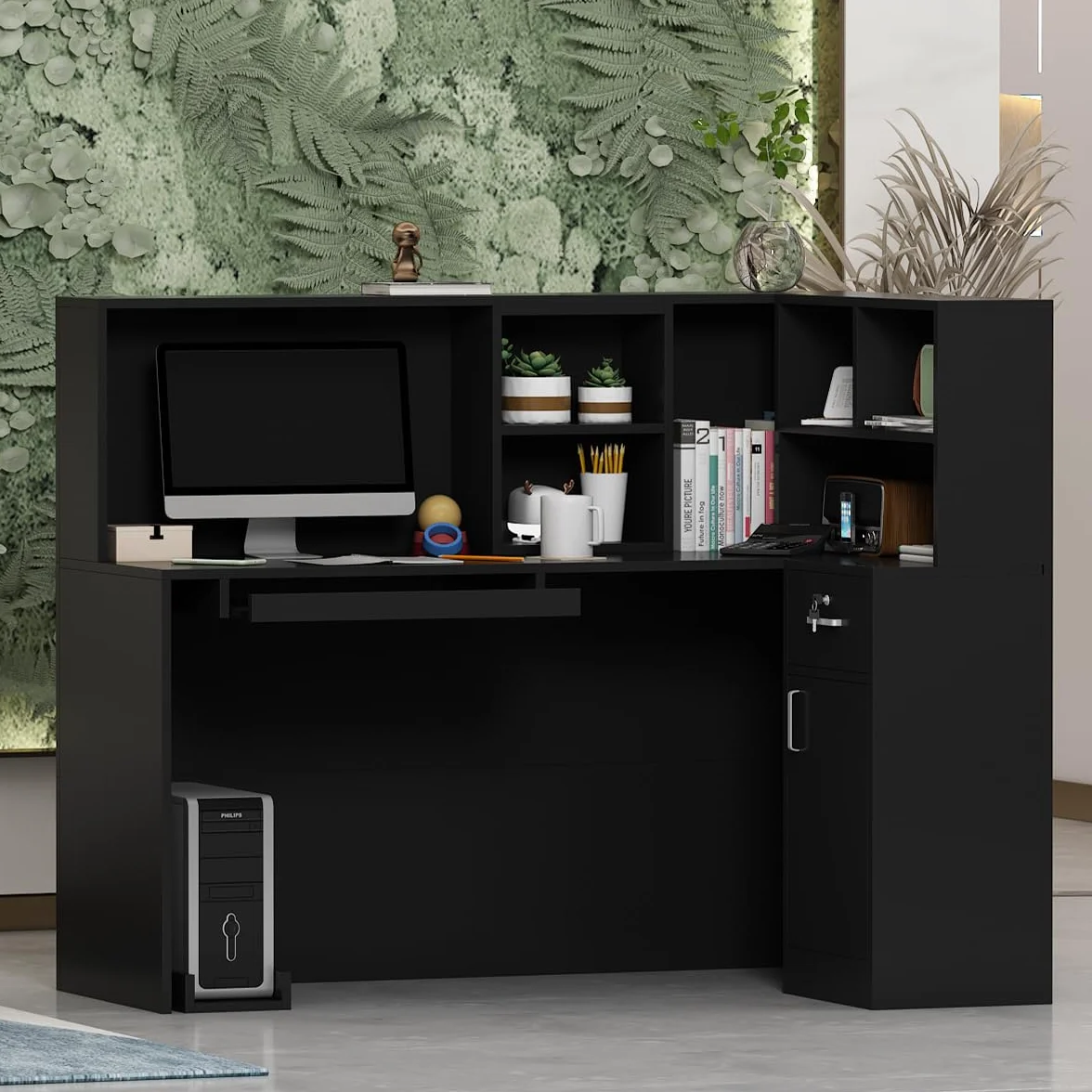 Banco reception, banco reception, tavolo da reception con vassoio per computer e ripiano rimovibile, banco reception con 1 cassetto e 1 armadio, banco reception, MDF, 140 x 80 x 120 cm