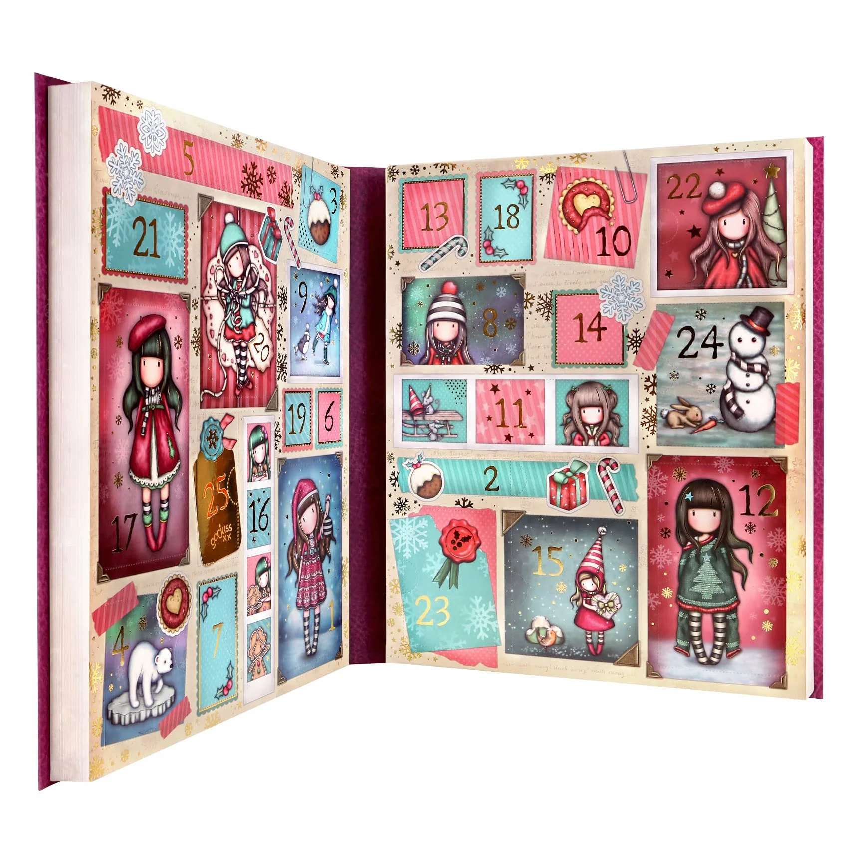 SANTORO Gorjuss Calendario dell'Avvento 2023, calendario natalizio con 25 sorprese tra cui quaderni, penne, nastro di carta, cancelleria e spilla smaltata, regalo per ragazze, bambini, allegro e