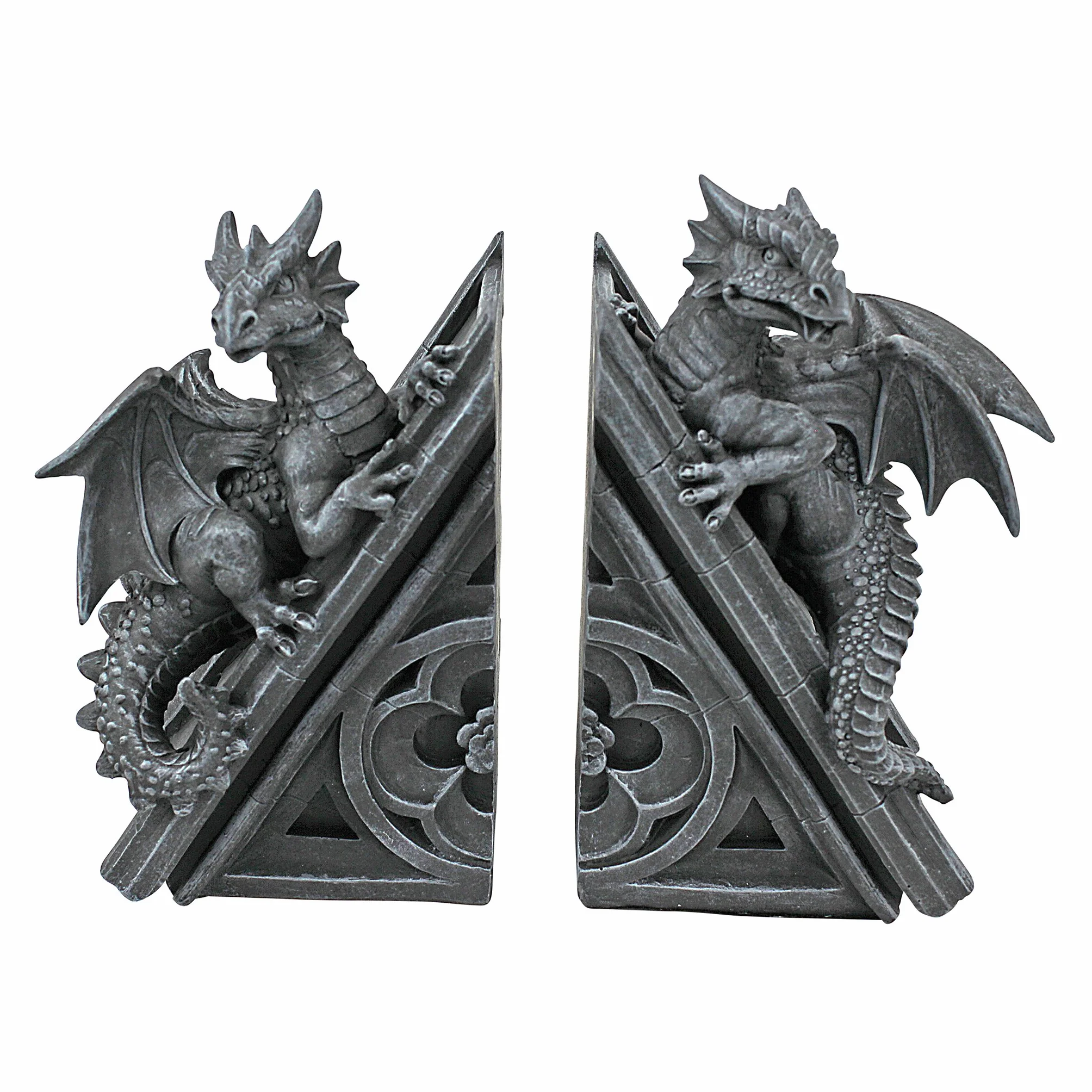 Design Toscano Decorazione in stile gotico Il Castello del Drago Statuette decorative reggilibri, poliresina, pietra grigia, 20,25 cm, confezione da due