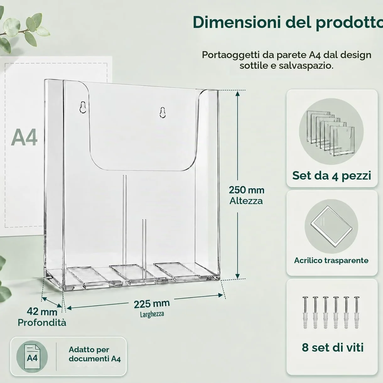 4 porta volantini da parete, formato A4, 250 x 225 x 42 mm, formato A4, trasparente, per presentazioni di riviste, menù in salotti, uffici, ristoranti, hotel