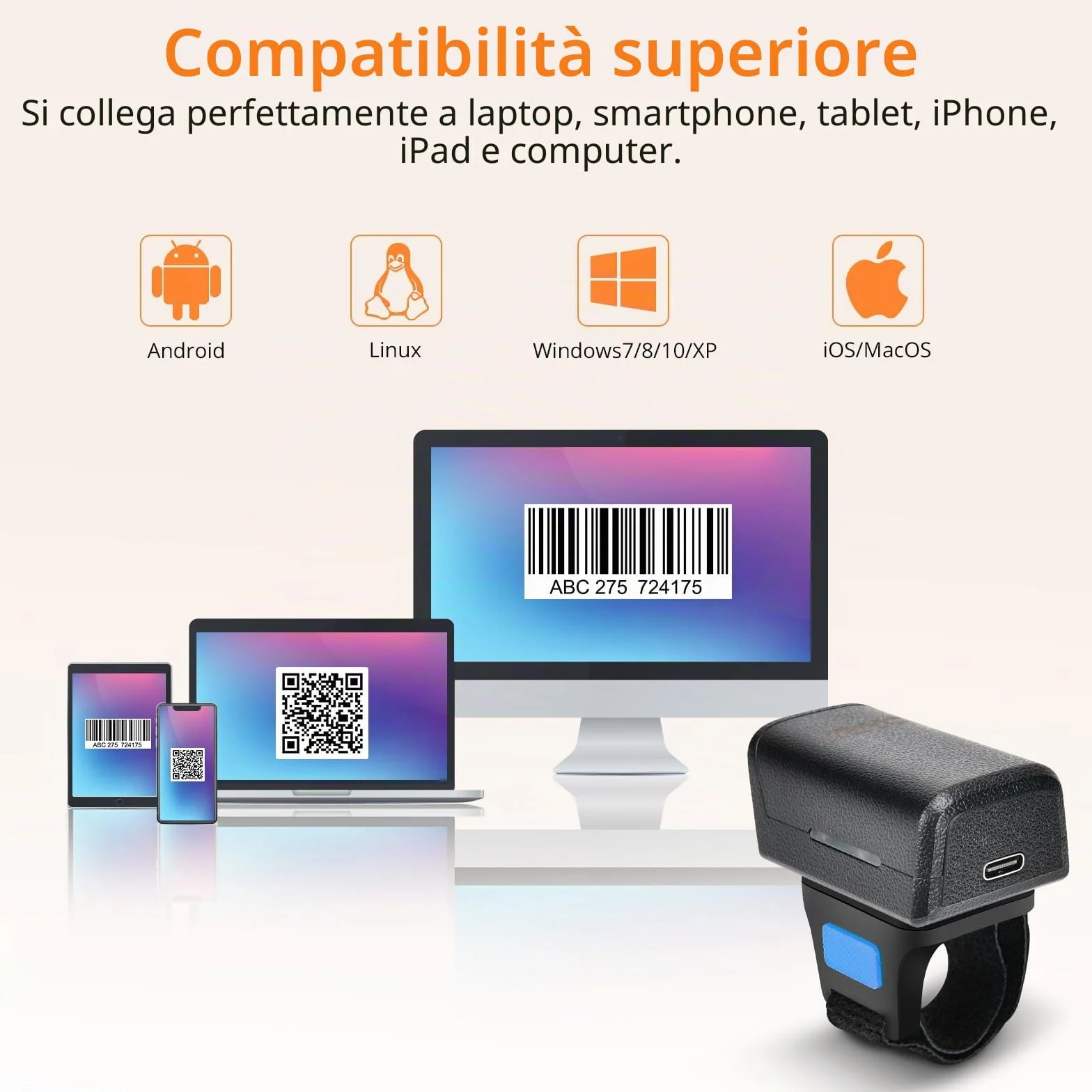 Lettore di codici a barre portatile Bluetooth 1D 2D, lettore di codici a barre portatile con connessione wireless e USB a 2,4 GHz