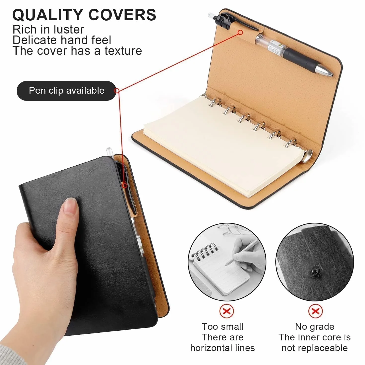 Taccuino A7 Ricaricabile in Pelle con 6 Anelli, Quaderno Tascabile, Blocco Note Portatile, per Ufficio e Scuola