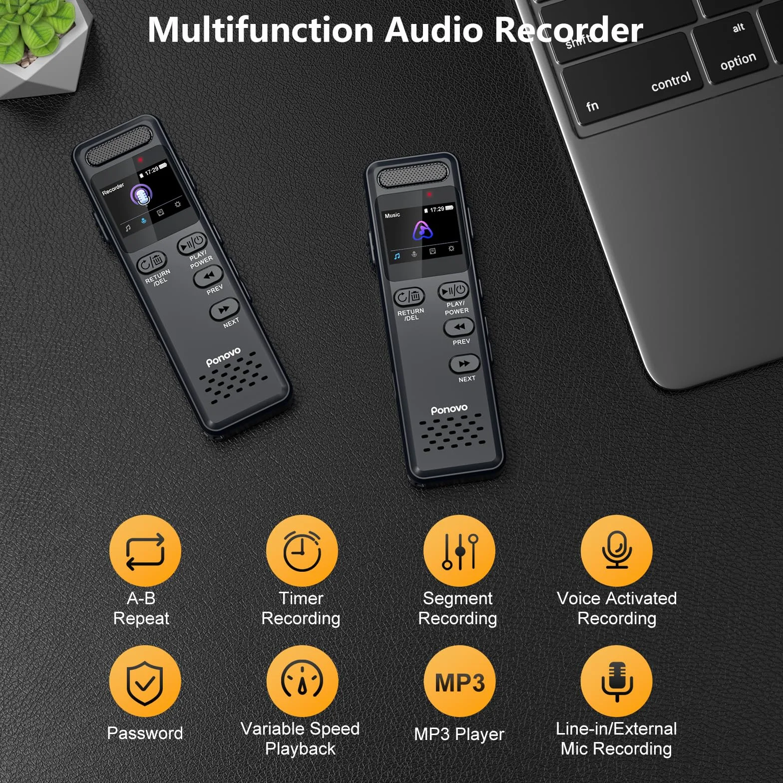 80GB Registratore Vocale 100 Ore Registrazione Continua, Ponovo Registratore Professionale Attivazione Vocale 1536Kbps con MIC, 1100mAh Mini Registratore Audio con Password per Interviste Riunioni