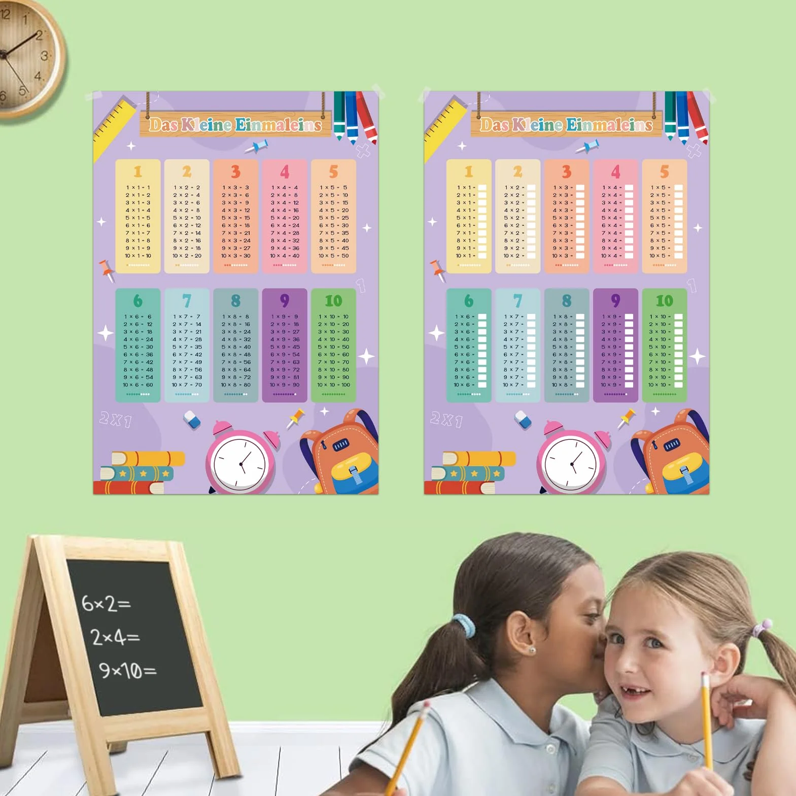Poster didattico 1x1 per bambini con tabelline, 4 fogli di esercizi
