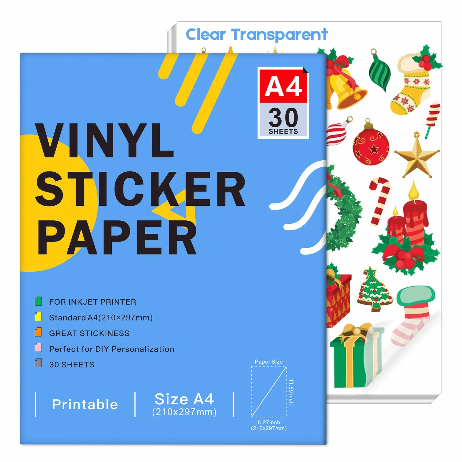 Carta adesiva in vinile stampabile per stampante a getto d'inchiostro A4 297x210 mm impermeabile compatibile Cricut colori vivaci Trasparente 30 fogli