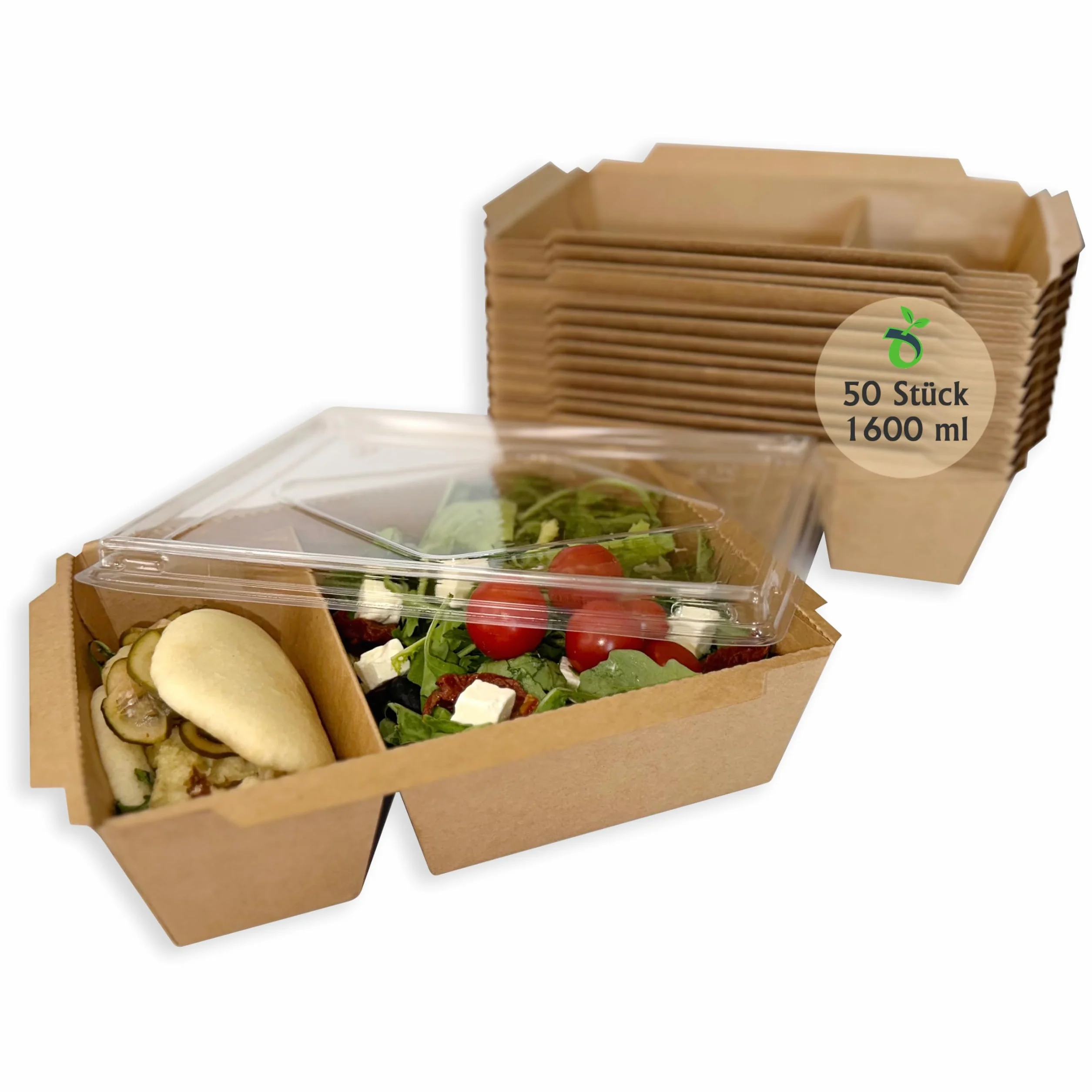 Lanchbox Carta Kraft Coperchio Trasparente 2 Scomparti 1600 ml Confezione 50 Pezzi Scatole Alimenti Asporto