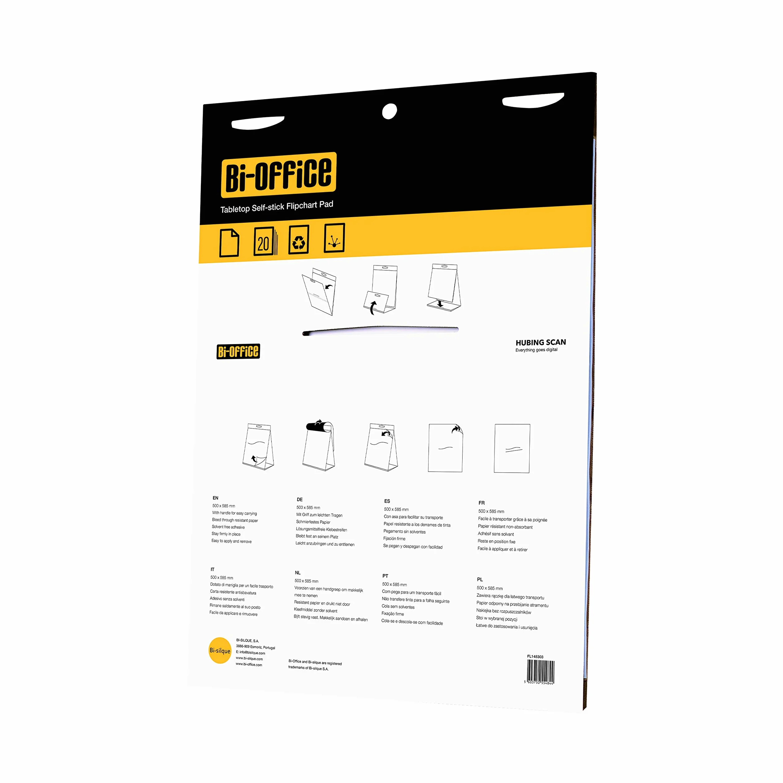 Bi-Office Blocco di Carta Autoadesivi Da Tavolo Con Strato Adesivo Riposizionabile, 20 Fogli, 70 g/mq, 500 x 585 mm