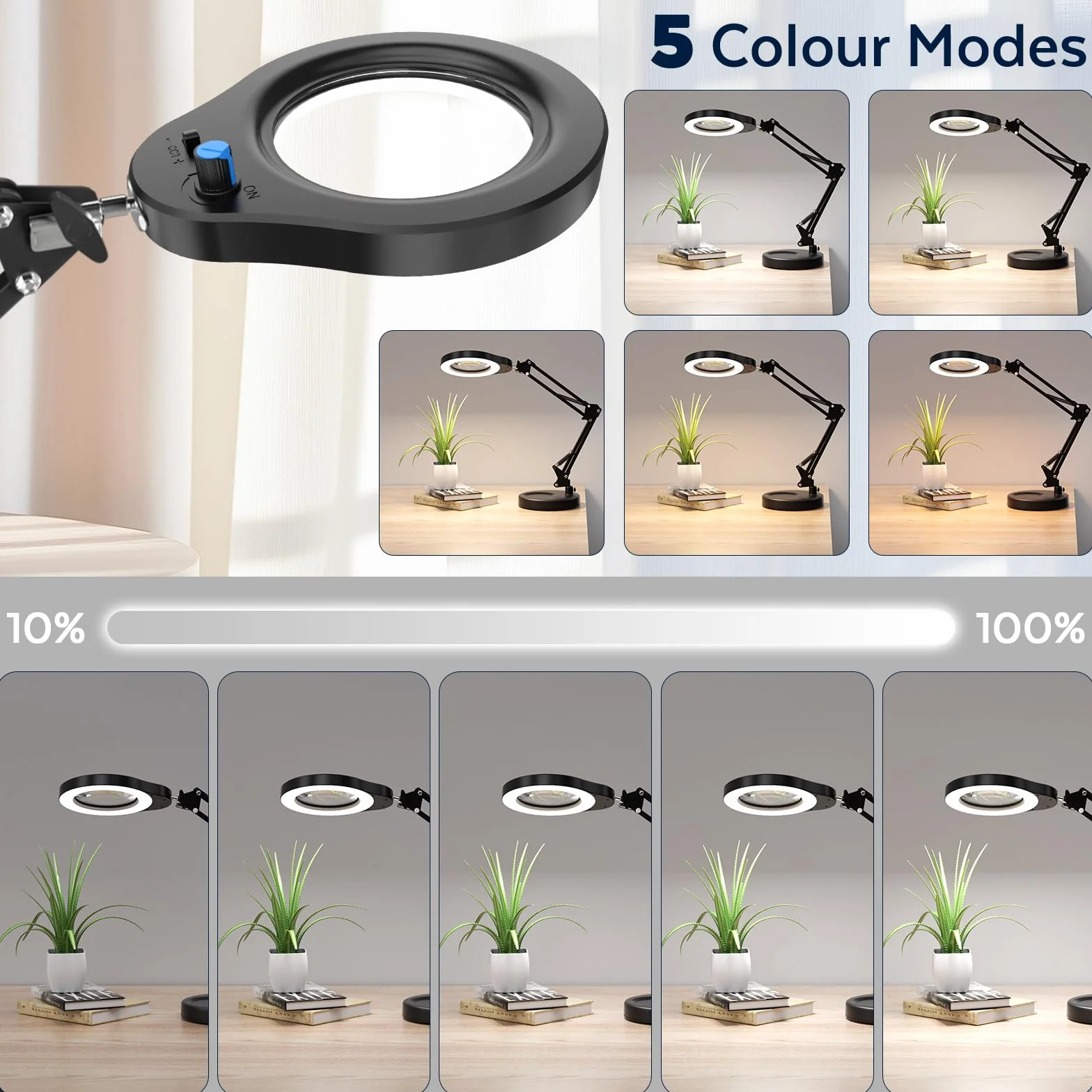 Lampada d'Ingrandimento 15X con Luce, 2 in 1 Base Larga e Clip, 5 Modalità Colore, Collo d'Oca Flessibile