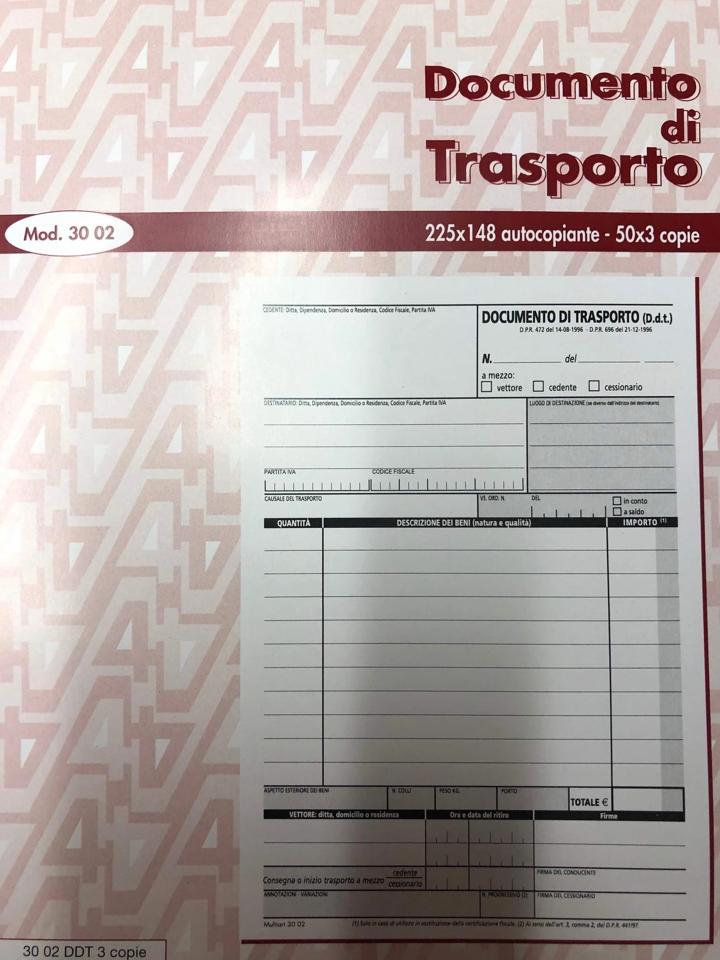 10 Blocchi Documento di Trasporto formato 22.5 x 14.8 cm 50 moduli a 3 copie