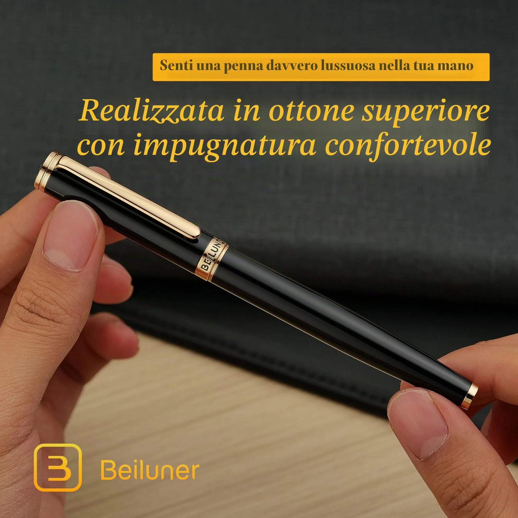 BEILUNER Penna Stilografica di Lusso, Finitura Laccata con Fregi e Pennino Dorati 24K, Regalo Affidabile con Convertitore per Lui e Lei, Penna Elegante - Nero & Oro, Pennino Fine