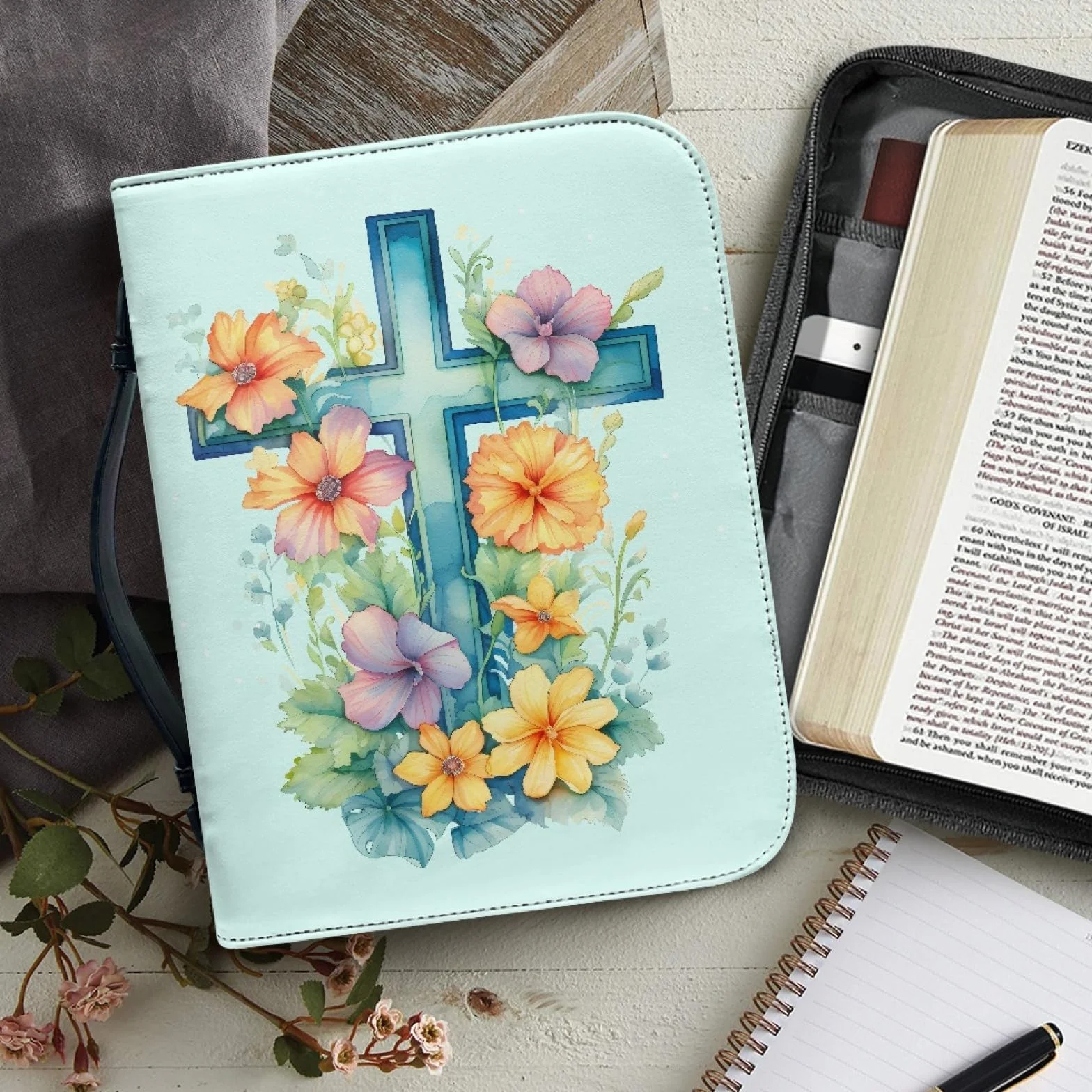 Personalizzata Custodia Bibbia in Pelle con Cerniera Grande Borsa Biblica Donna Uomo Fiore Crocifisso Azzurro L