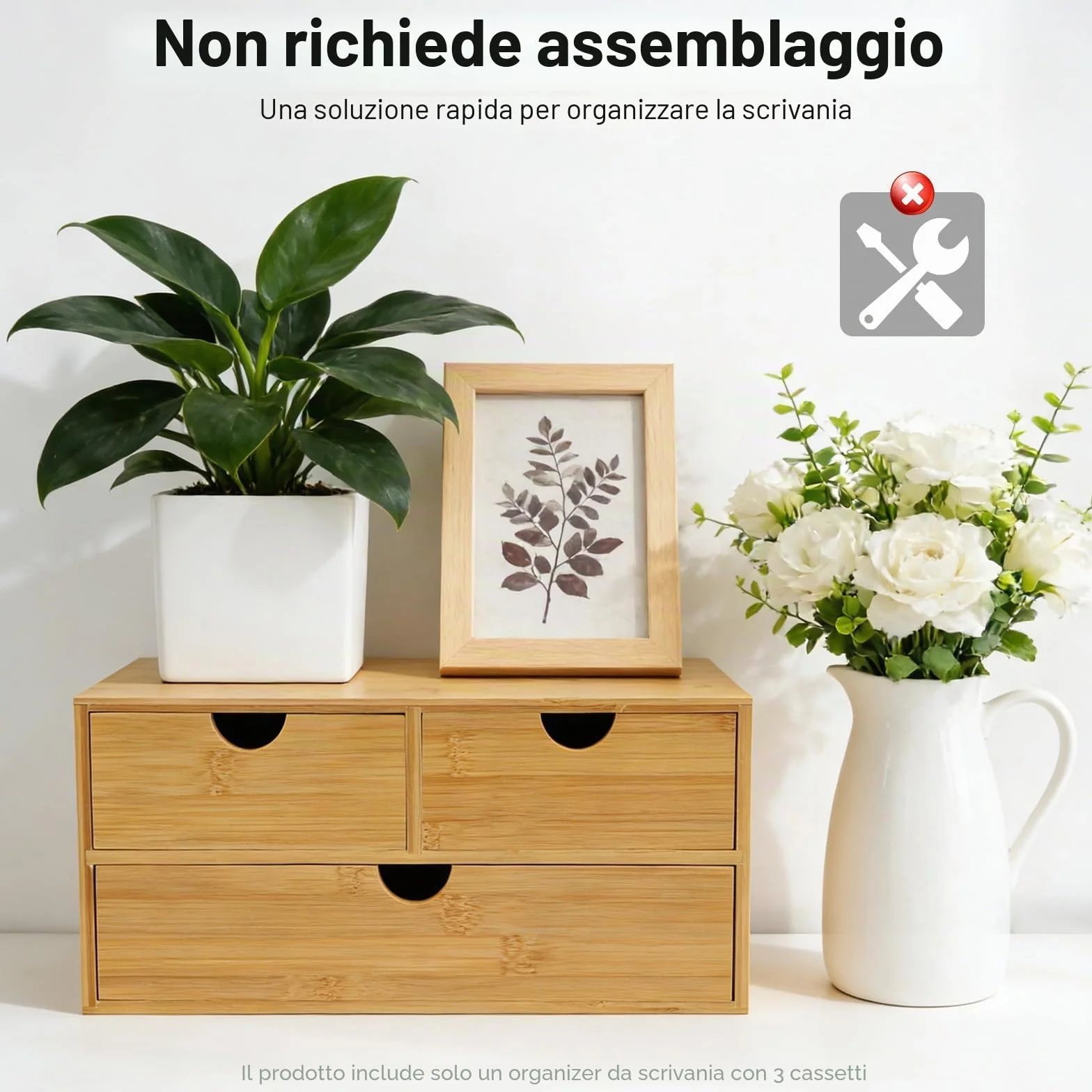 Organizer da scrivania in bambù con cassetti, mini cassettiera in bambù, design monoblocco, scatola per trucco con 3 cassetti, per ufficio, soggiorno e camera da letto