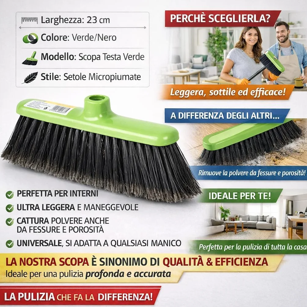 Scopa e Paletta con Manico Lungo 120 cm - Asta in Legno Filettato - Paletta Alzaimmondizia in Plastica - Setole Piumate per Pulizia