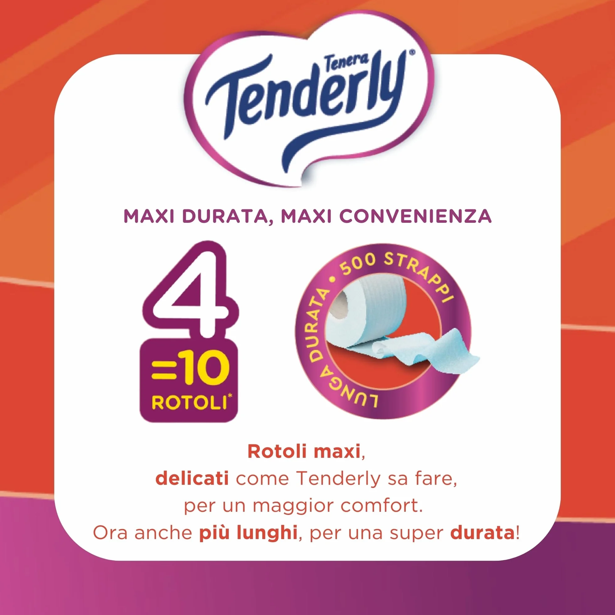 Tenderly Kilometrica, 60 Rotoli di Carta Igienica (15 conf. da 4 rotoli), 2 Veli, 500 Strappi per Rotolo, Dermatologicamente Testato, Made in Italy