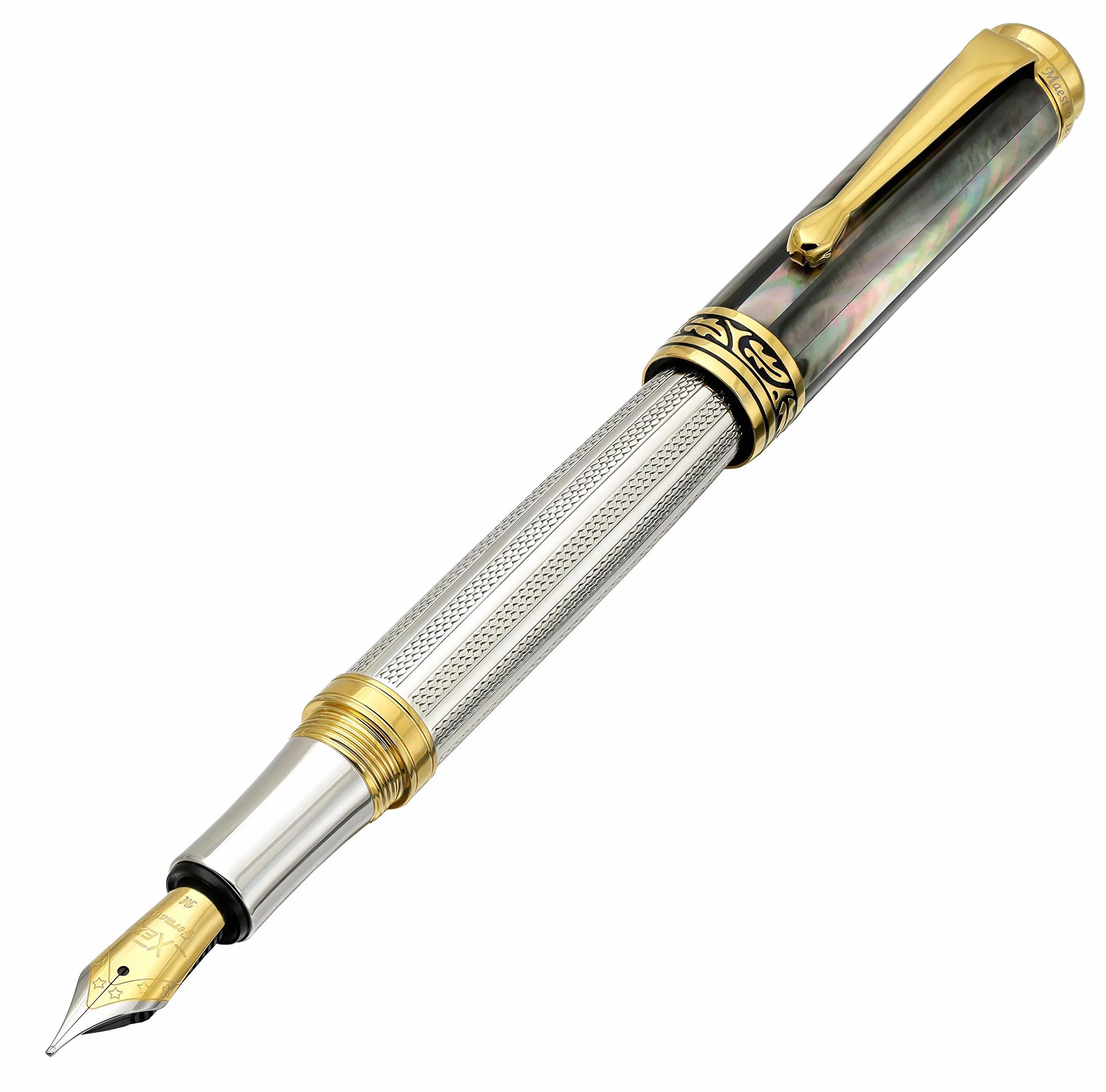 Xezo Penna stilografica Maestro, pennino medio. Argento 925 sterling con madreperla nera di Tahiti e placcatura in oro 18 carati. Realizzata a mano, edizione limitata, numerata