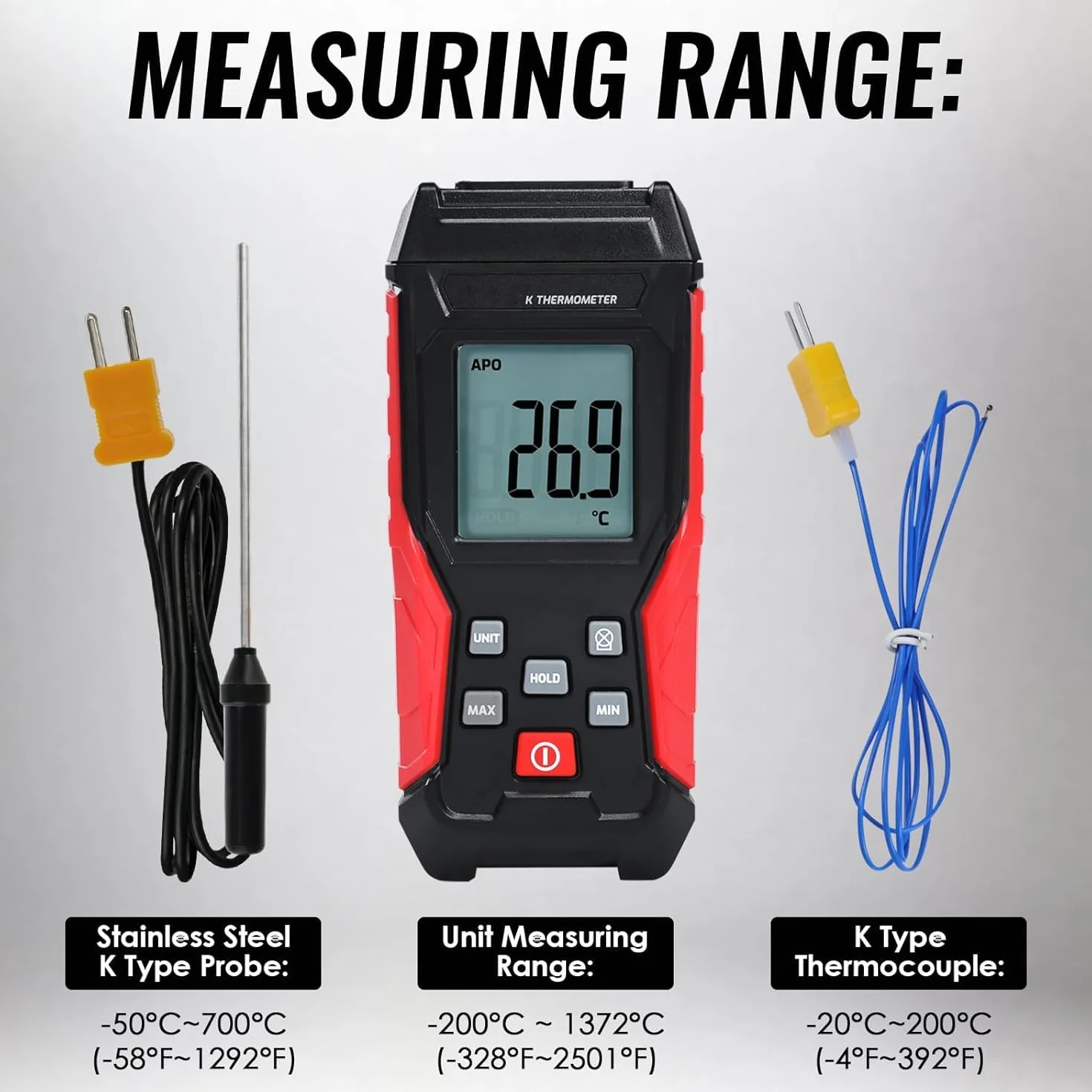 Termometro Digitale a Termocoppia Tipo K -328°F ~ 2501°F con Display LCD Retroilluminato Max/Min per HVAC