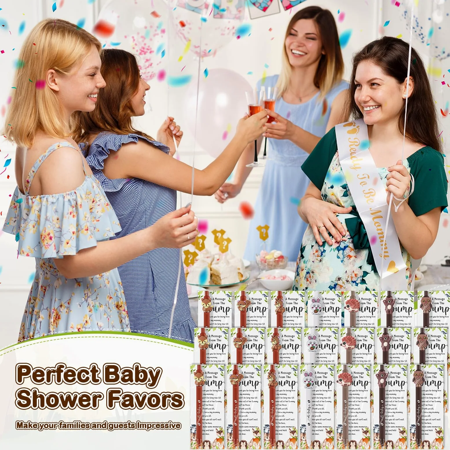 Qeeenar Set di 50 penne per baby shower per gli ospiti, tra cui penne a sfera e biglietti di ringraziamento per baby shower, con sacchetti in polipropilene orientato per rivelare il genere a tema