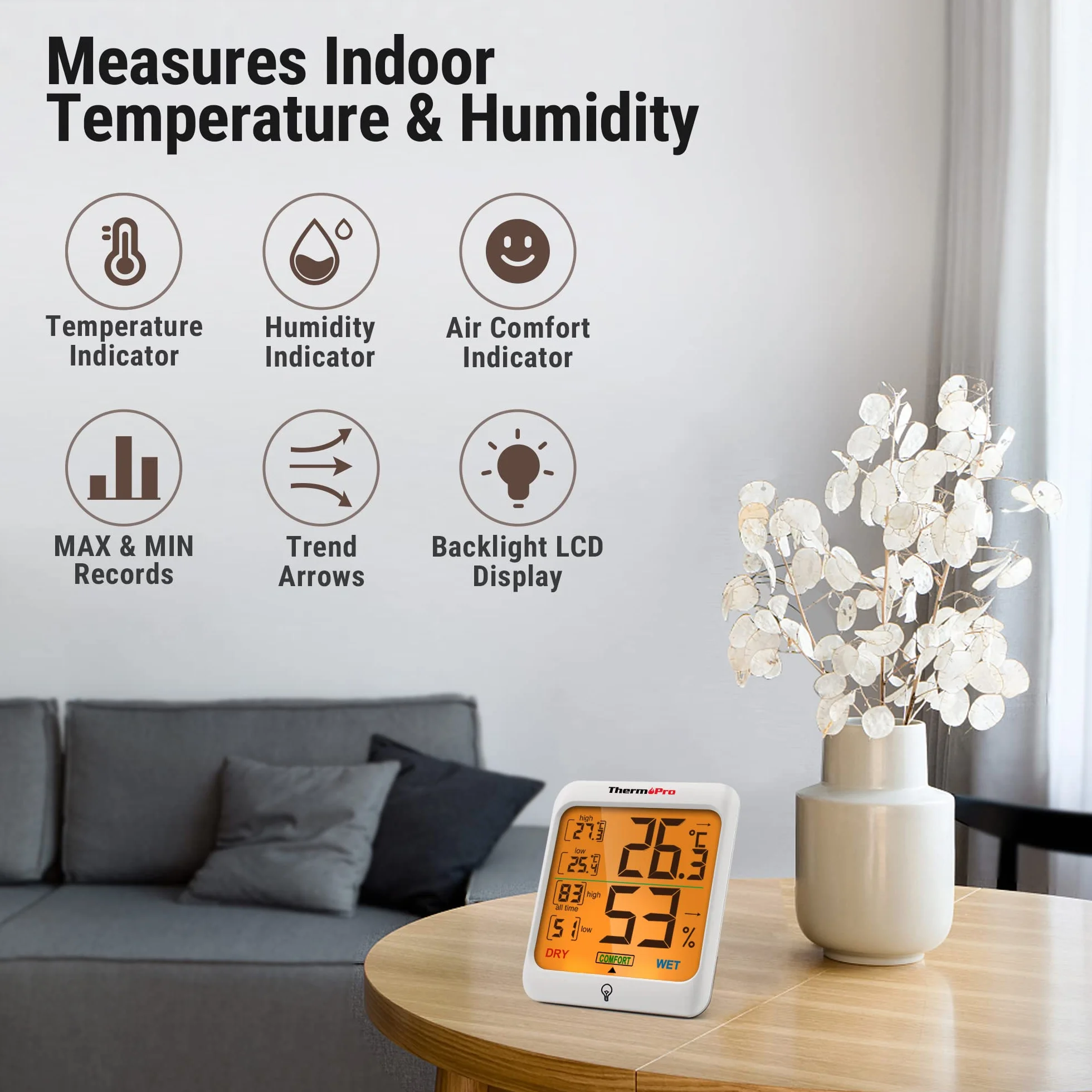 ThermoPro TP53 Termometro Igrometro Digitale Interno Misuratore Umidità Temperatura Ambiente con Retroilluminazione