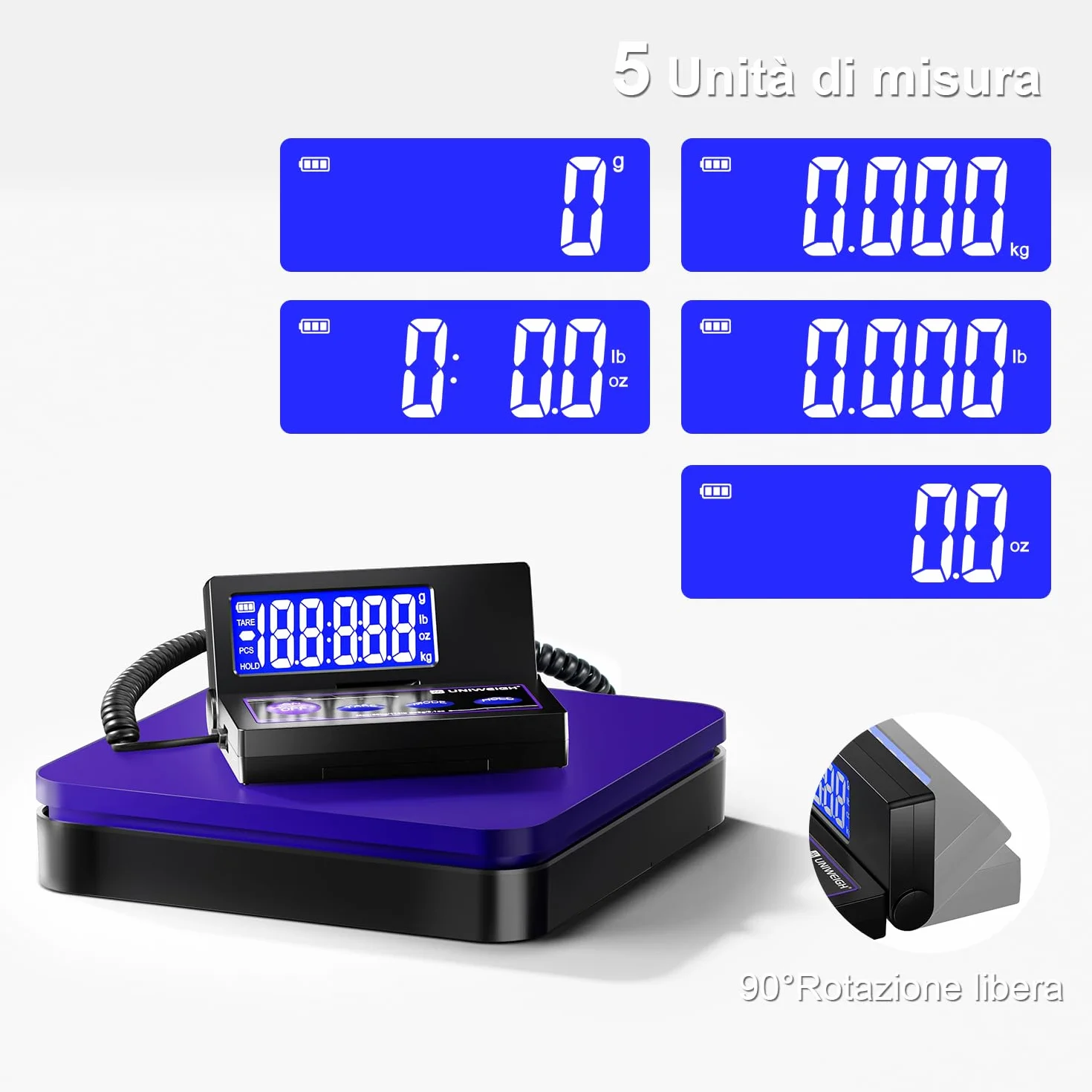 UNIWEIGH Bilancia digitale per spedizioni 110lbs/0.1oz accurata, bilancia postale con 5 unità/LCD/tara/funzione Hold, spegnimento automatico, bilancia postale per pacchi piccole aziende/bilanci