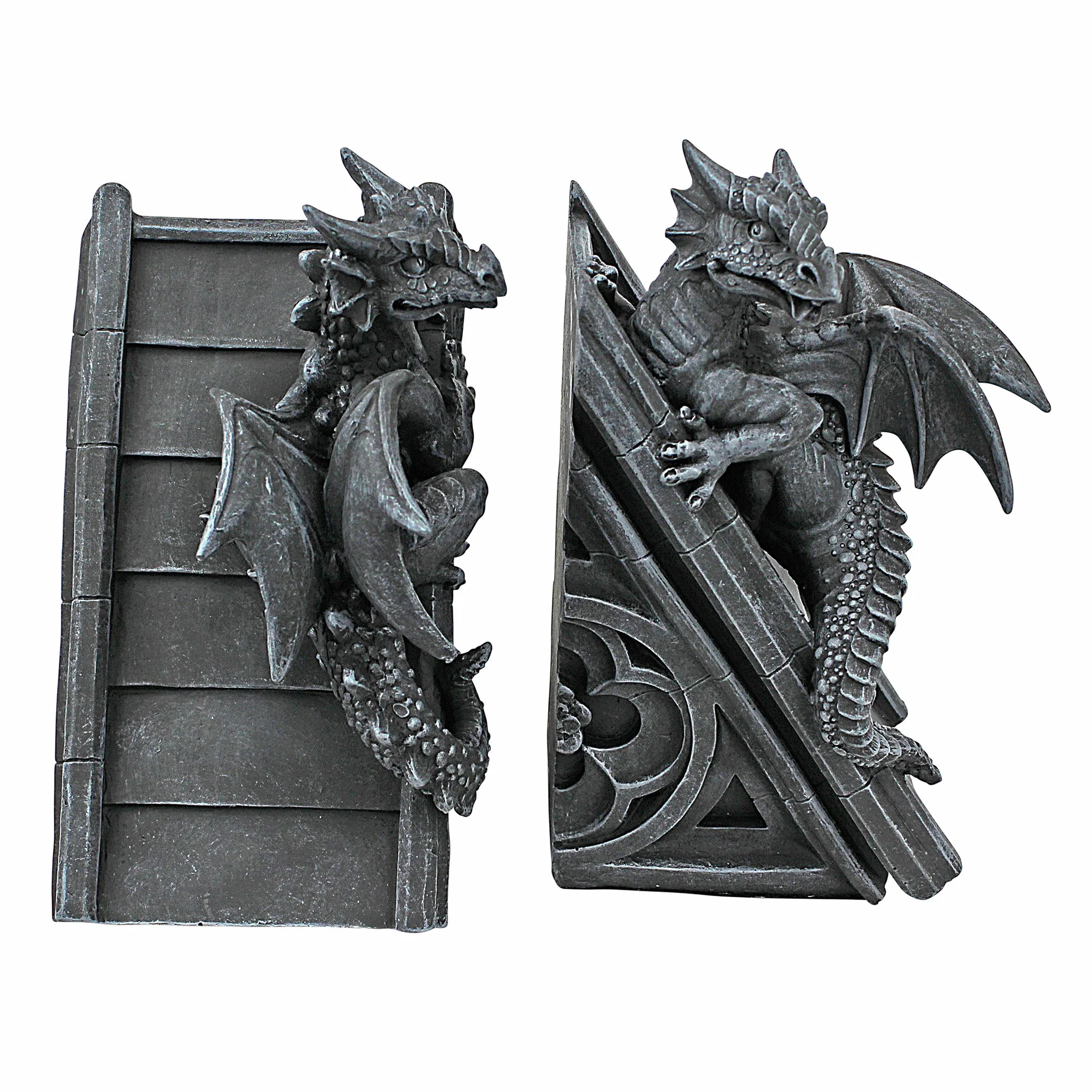 Design Toscano Decorazione in stile gotico Il Castello del Drago Statuette decorative reggilibri, poliresina, pietra grigia, 20,25 cm, confezione da due